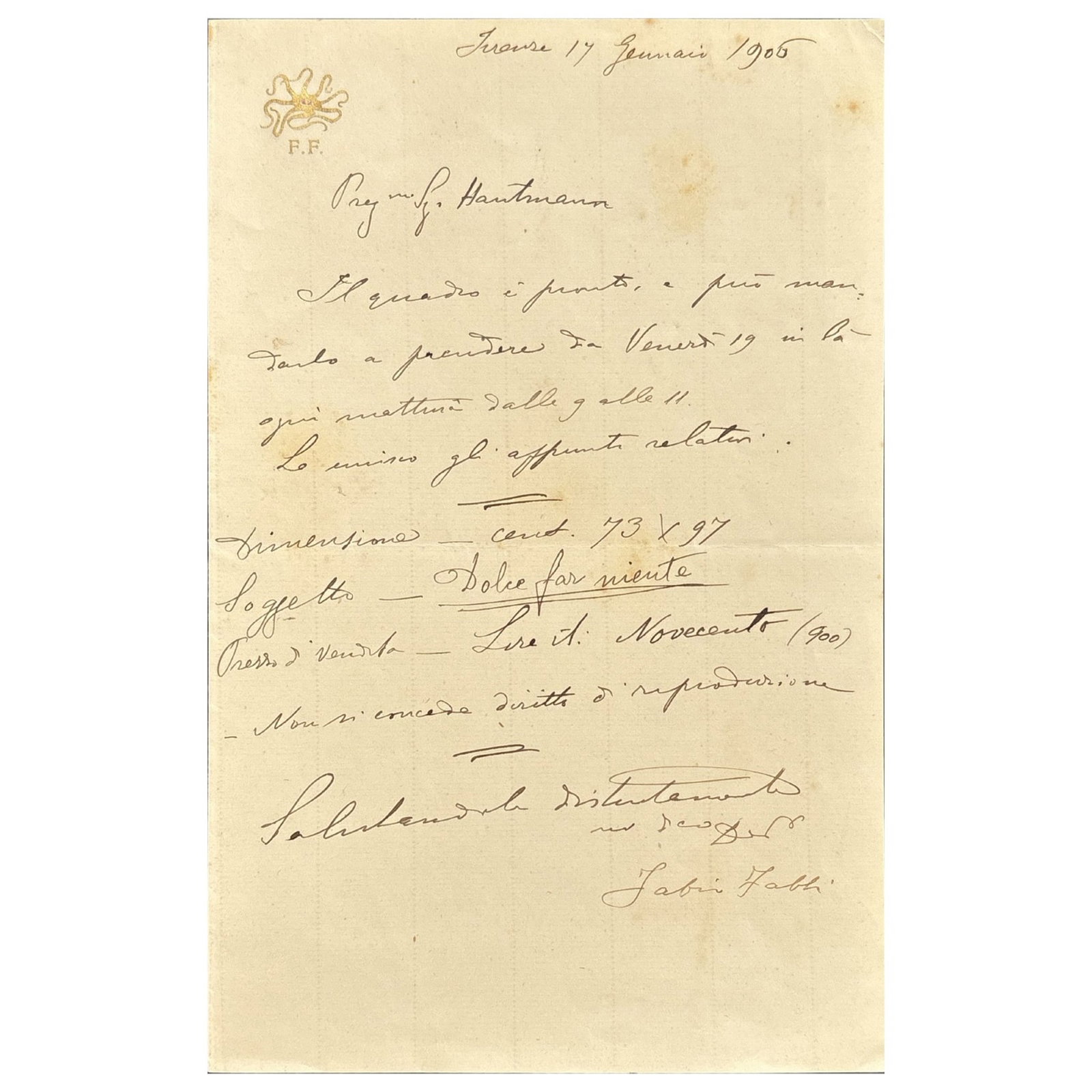 [ART] - FABBI Fabio (1861 - 1945) - “Dolce Far Niente”: Fabbi Announces A Completed Work (1 of 1)