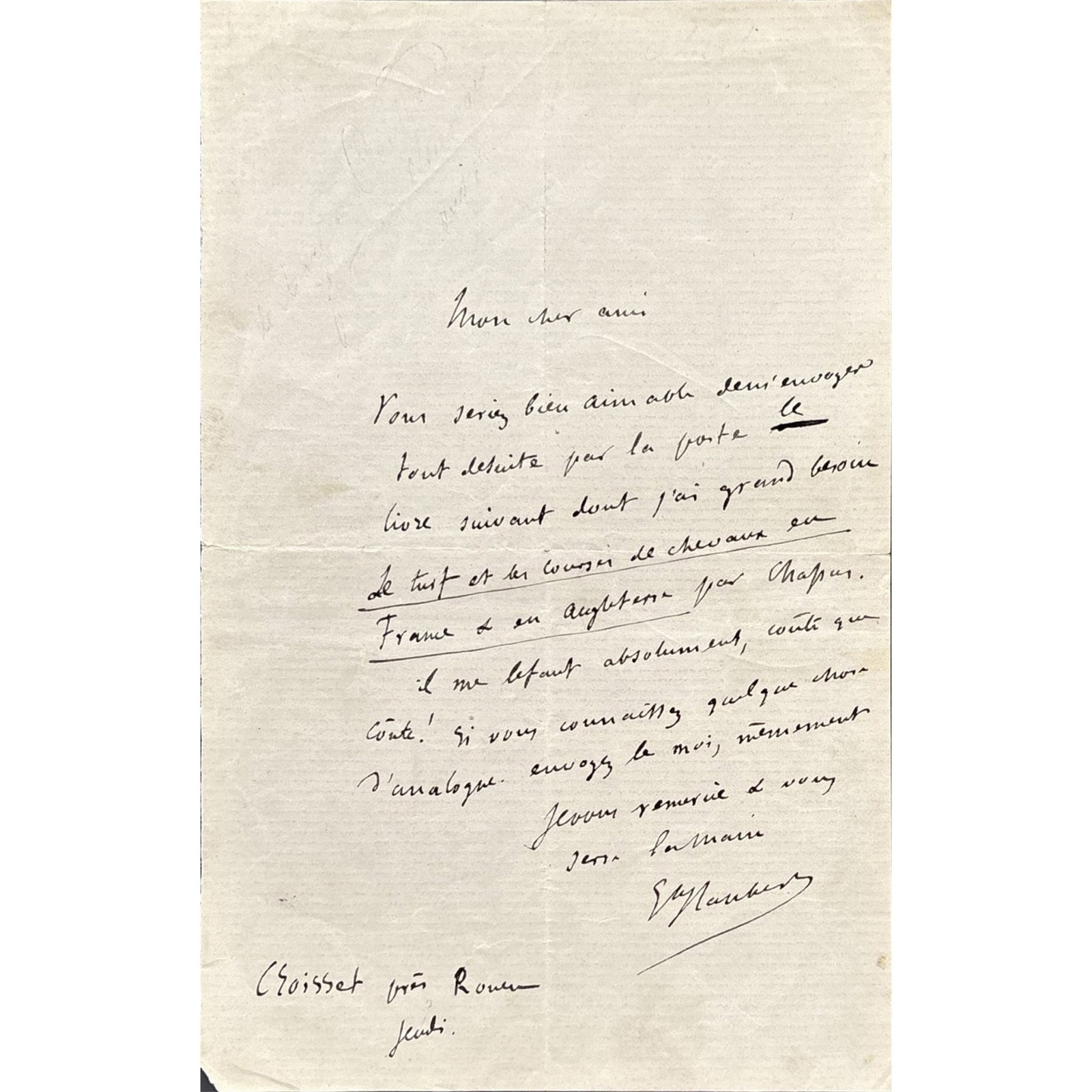 [LITERATURE] - FLAUBERT Gustave (1821 - 1880) - Urgency And Obsession: Flaubert Requests A Crucial (1 of 1)