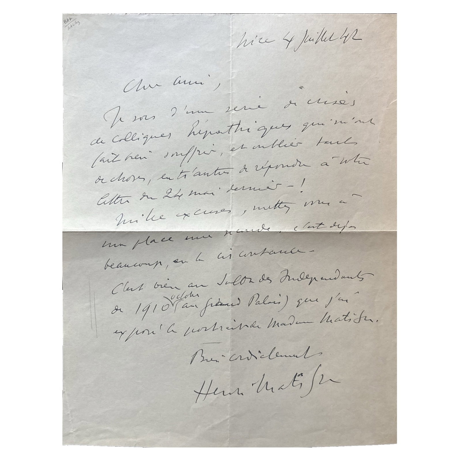 [ART] - MATISSE Henri (1869 - 1954) - Art Amid Illness: Matisse Reflects On His Work And Health (1 of 1)