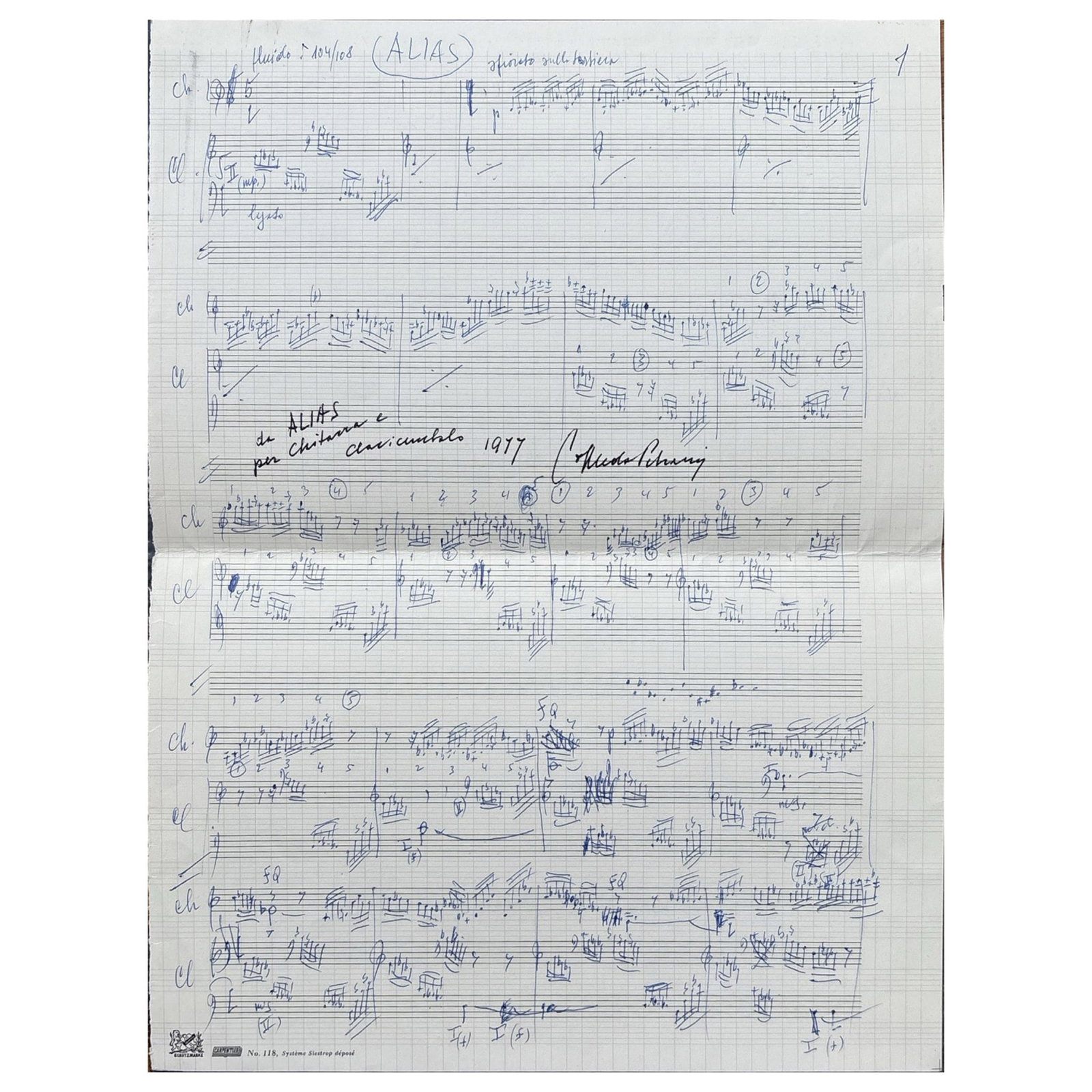[MUSIC] - PETRASSI Goffredo (1904 - 2003) - Modern Soundscapes: Petrassi’s Autograph Score: Autograph music score signed, dated “1977”, by the Italian composer. 2 pp. in-4. on pentagrammed paper. Petrassi pens 42 bars from “Alias” for guitar and harpsichord. This scor