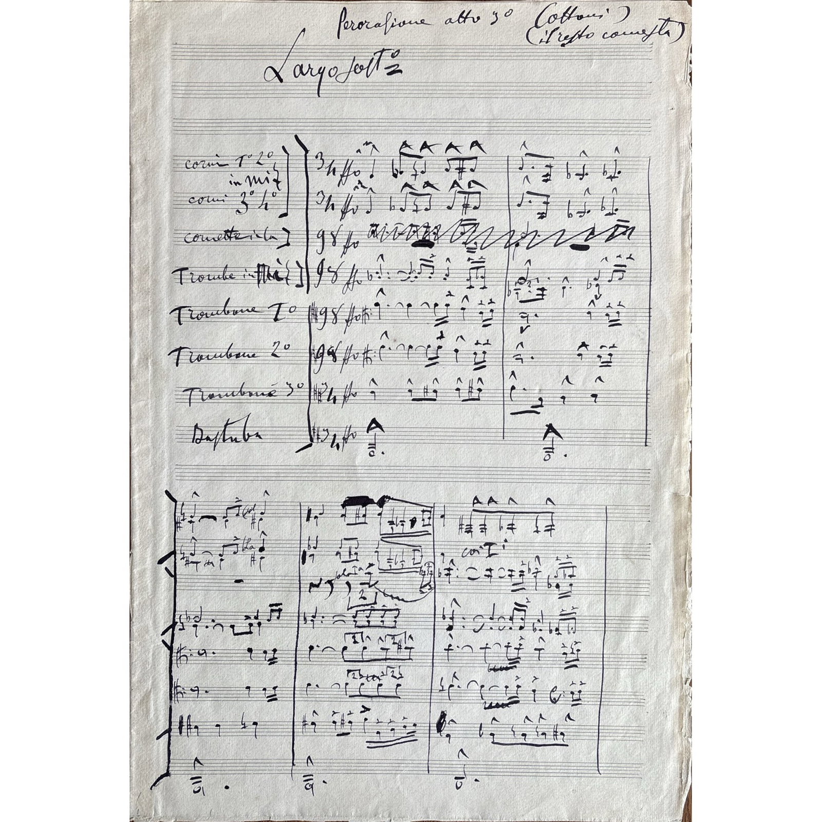 [MUSIC] - PUCCINI Giacomo (1858 - 1924) - Recasting Edgar: Puccini’s Autograph Revision to the: Autograph musical manuscript, revision to the end of Act III of Edgar, [early 1892] Autograph manuscript scored for brass, comprising 21 bars notated over two systems of eight staves, on three pages(3