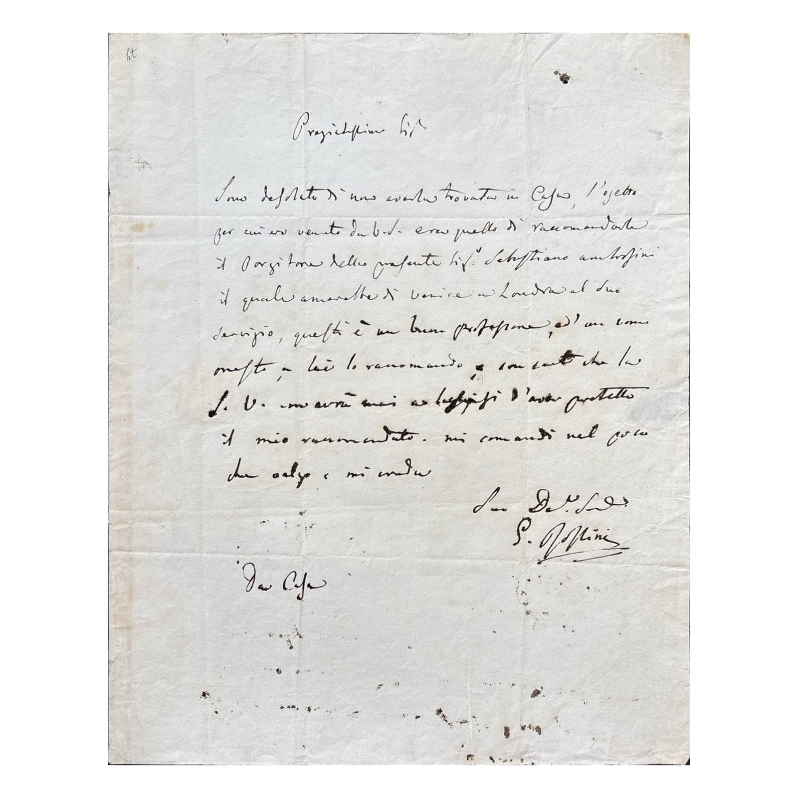 [MUSIC] - ROSSINI Gioacchino (1792 - 1868) - Rossini The Patron: Recommending A Musician To The: Autograph letter signed, dated “da Casa” by the celebrated Italian opera composer. 1 p. in-4. Addressed to to Monsieur Masson “directeur du Théâtre Italien de Londres”