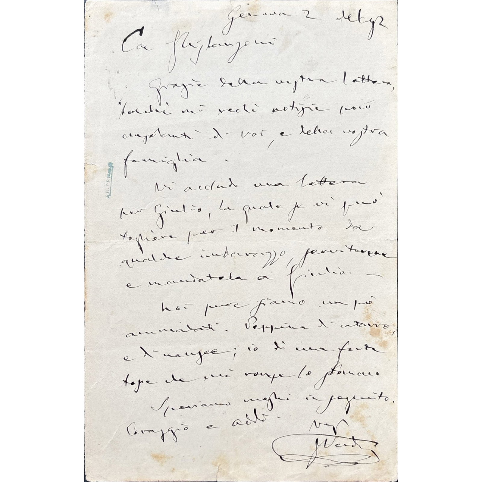 [MUSIC] - VERDI Giuseppe (1813 - 1901) - Solidarity In Hardship: Verdi’s Support For The: Autograph letter signed, dated “Genova 2 del 92 [2.1.1892]” by the celebrated Italian composer. 1 p. In-8. Addressed to the librettist Antonio Ghislanzoni (1824 - 1893), who, among others,