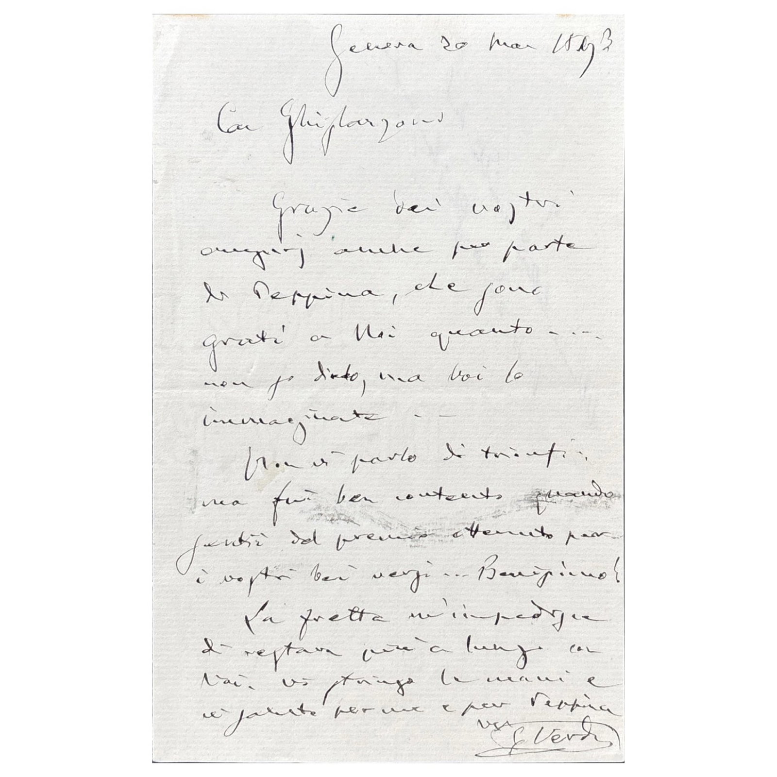 [MUSIC] - VERDI Giuseppe (1813 - 1901) - Farewell To A Friend: Verdi’s Final Letter To: Autograph letter signed, dated “Genova 20 marzo 1893” by the celebrated Italian composer. 1 p. In-8. Addressed to the librettist Antonio Ghislanzoni (1824 - 1893). This is perhaps the last