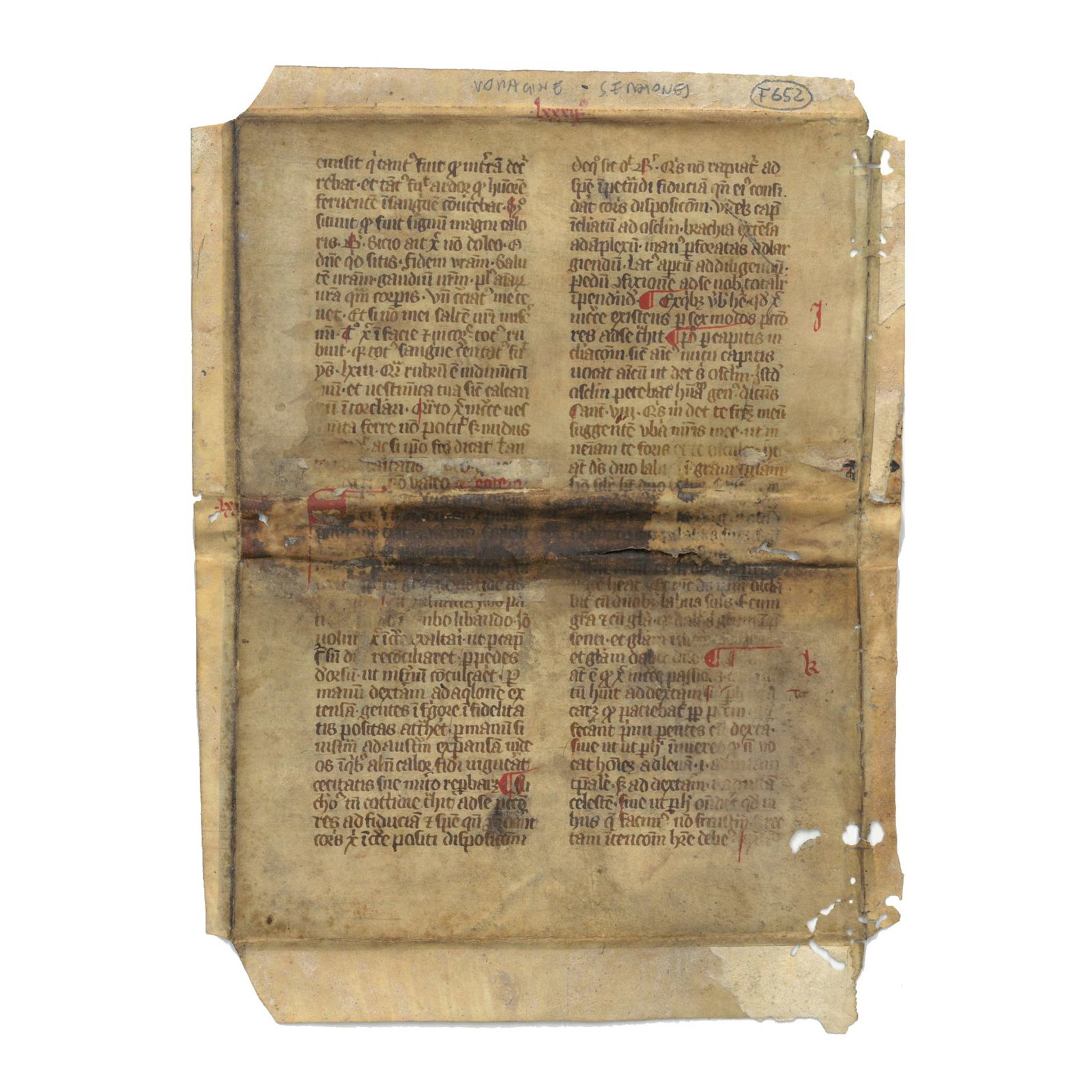 [HISTORY] - VORAGINE Iacopo da (c. 1230 - 1298) - [Late Medieval Preaching – Iacopo Da: Sermones Quadragesimales (manuscript fragment) Germany (probable), late 15th century. Parchment leaf, c. 250 x 185 mm (writing space c. 185 x 125 mm). Text in Gothic script in two columns of 37 lines.