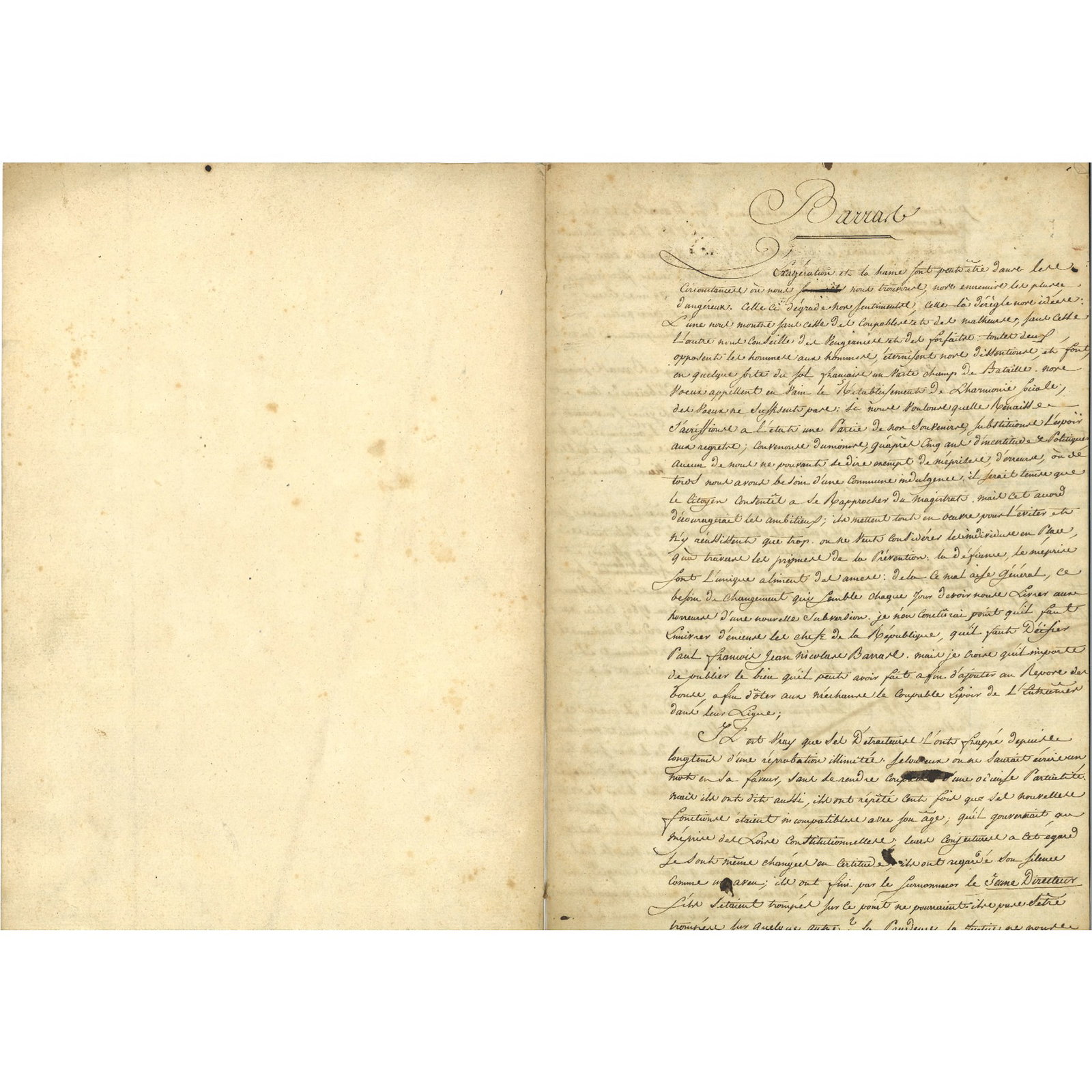 [HISTORY] - BARRAS Paul (1755 - 1829) - Unpublished Apologia Of A Revolutionary Leader: Convention member, Member of the Directory, 1755-1829. Outstanding unpublished manuscript entitled "Barras, " written or inspired by him, containing numerous autograph corrections in his han