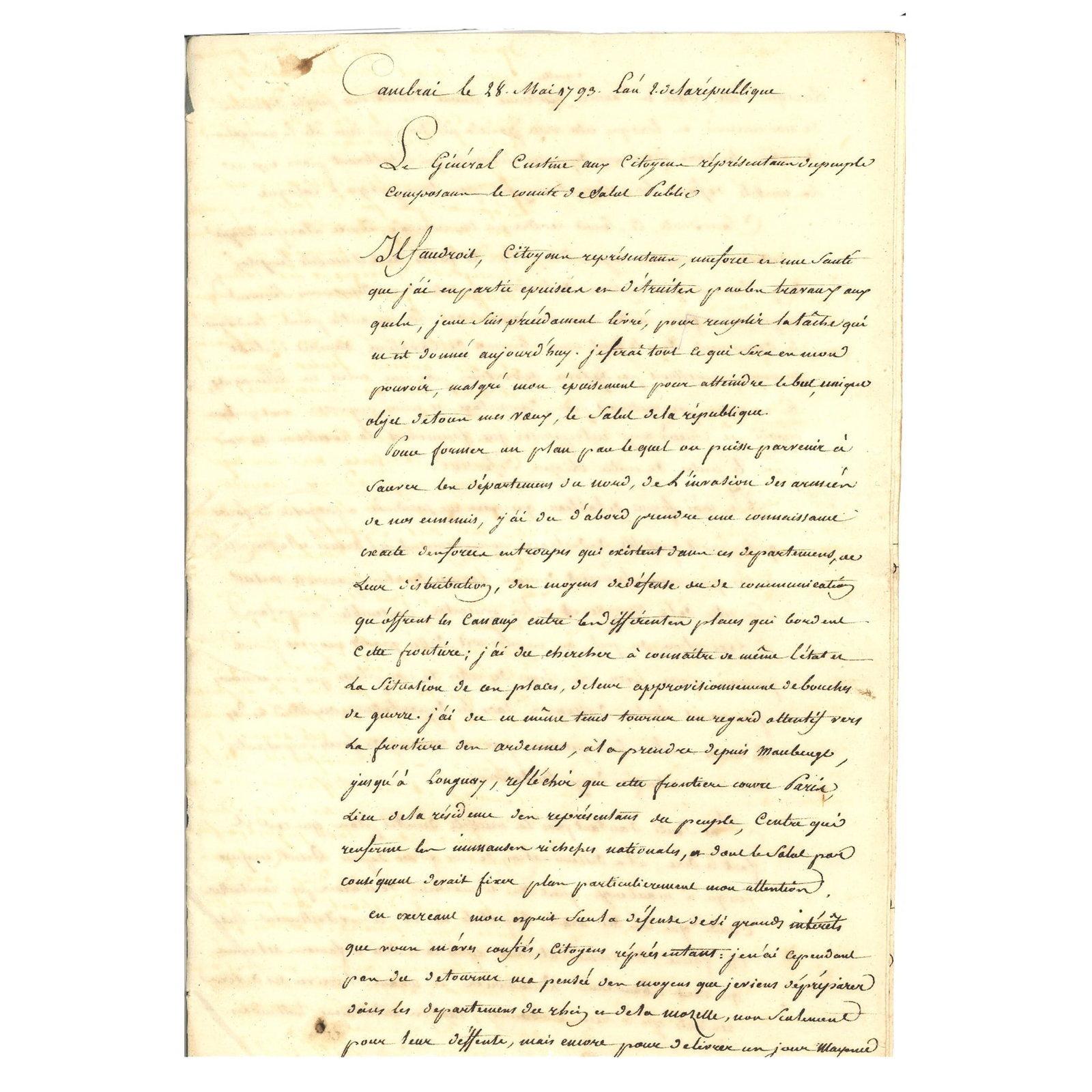 [HISTORY] - CUSTINE Adam Philippe, Comte de (1740 - 1793) - A General’s Defence Before The: “Le général Custine au citoyen représentant le peuple composant le Comité de salut public”. Extraordinary manuscript document dated Cambrai le 28 Mai 1793. L’an 2
