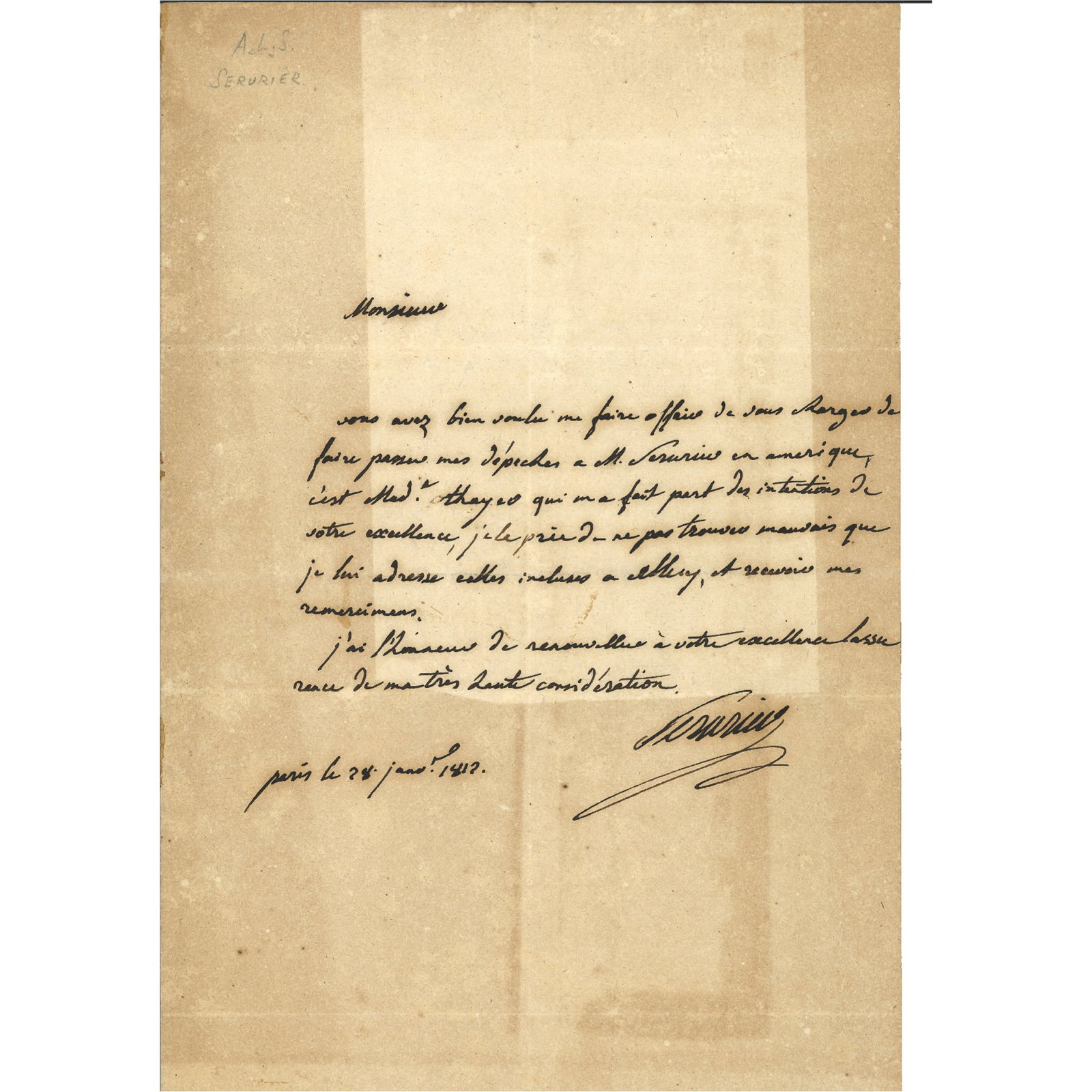 [HISTORY] - SERURIER Jean-Mathieu-Philibert (1742 - 1819) - Secret Transatlantic Correspondence In (1 of 1)