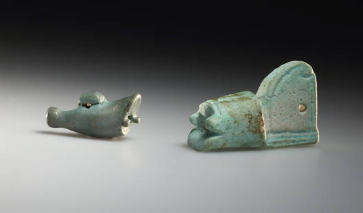 TWO EGYPTIAN FAIENCE CROWNS, DESHRET AND HEDJET: "