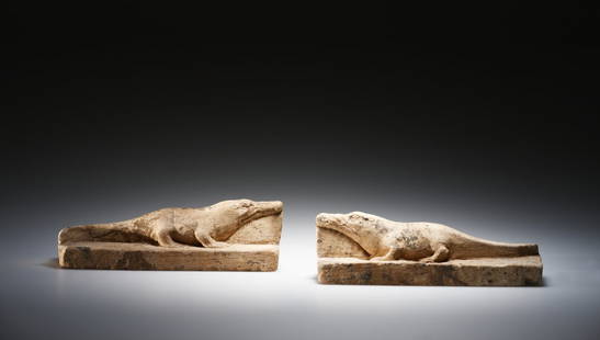 TWO EGYPTIAN LIMESTONE SCULPTOR'S MODELS OF CROCODILES: "