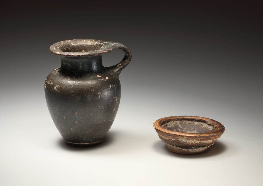 LOT OF WESTERN GREEK BLACK-GLAZED POTTERY OLPE AND BOWL (2) (1 of 1)