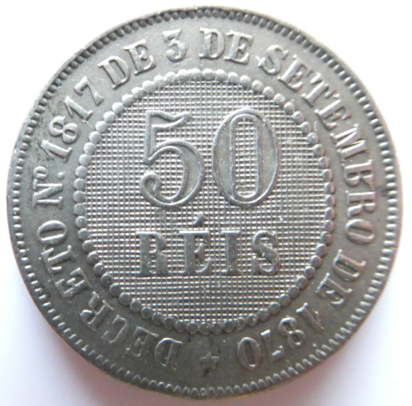 50 Reis 1886 Brazil: CountryBrazilDenomination50 reisYear1886-1888PeriodEmperor Pedro II (1831 - 1889)Coin typeCirculation coinsRulerPedro IICompositionCopper-NickelEdge typeSmoothShapeRoundAlignmentCoin (180Â°)Weight (