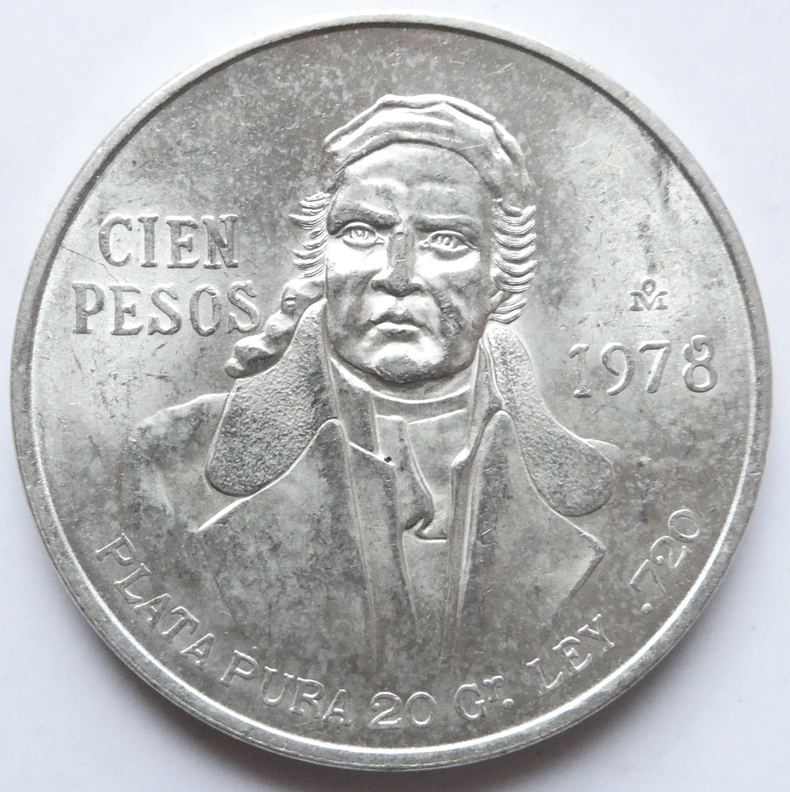 1979 Mexican Independence HERO Jose Maria Morelos Silver 100 Peso Coin (27,78g): IssuerMexico PeriodUnited Mexican States/Mexican Republic (1823-date)TypeStandard circulation coinYears1977-1979Value100 Pesos (100 MXP)CurrencyPeso (1823-1992)CompositionSilver (.720) (Copper .280)We