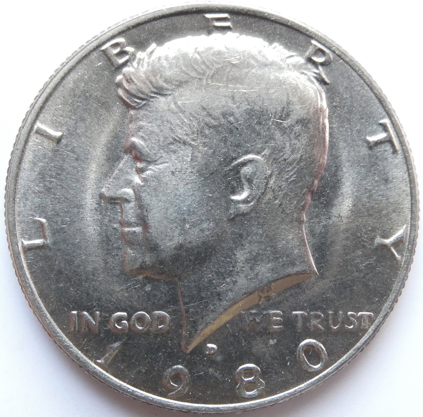 1980-D Kennedy Half Dollar Silver coin: Country USA, Denomination½ dollar, Year 1969, Subject Kennedy Half Dollar, Period United States of America (1951 - 1980), Coin type Circulation coins, Composition Silver 0.400, Edge typeReeded,