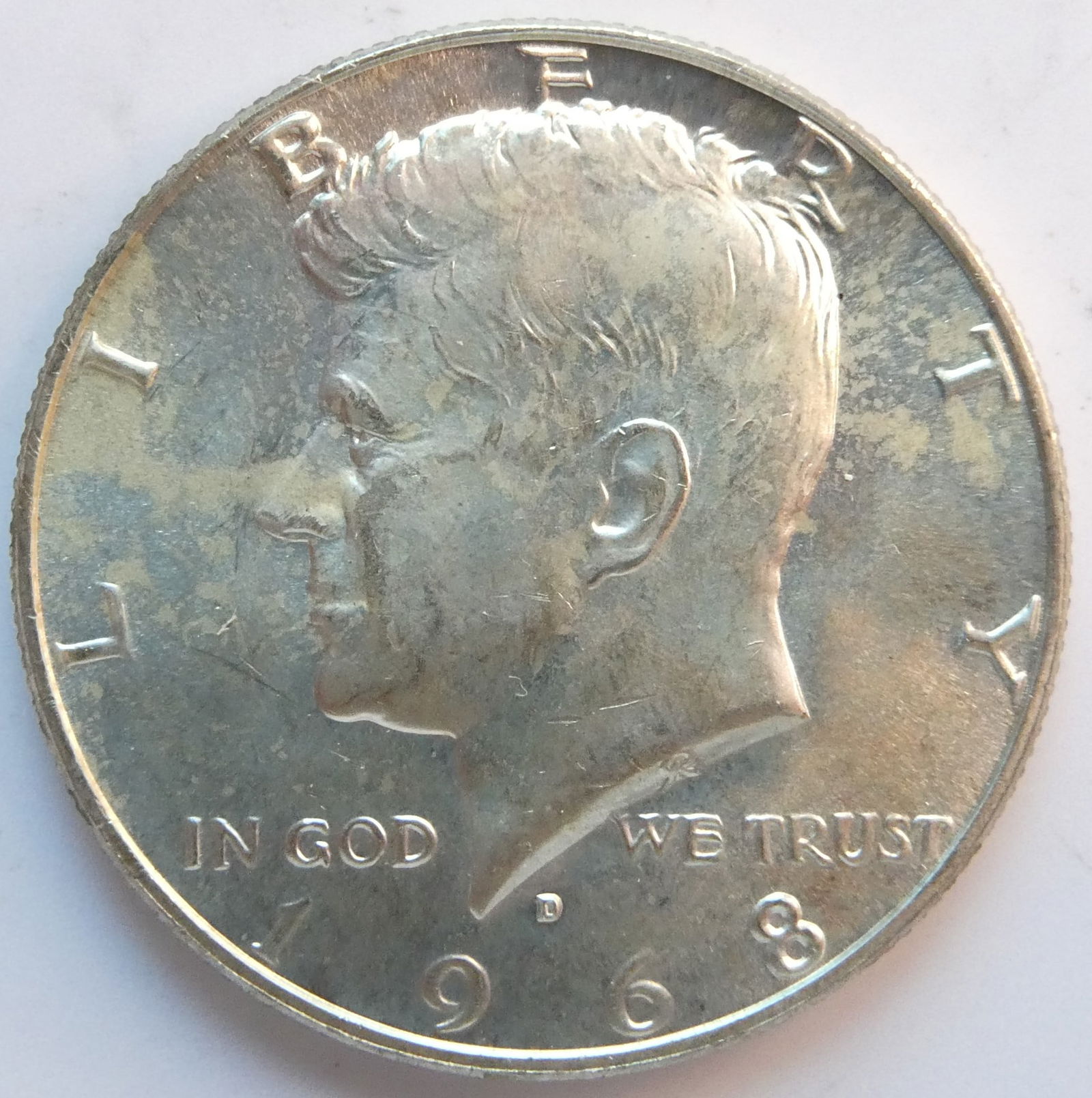 USA Half dollar, 1968-D Kennedy Half Dollar Silver Coin: IssuerUnited States PeriodFederal republic (1776-date)TypeStandard circulation coinYears1965-1970Value½ Dollar = 50 Cents½ USD = SEK 5.25CurrencyDollar (1785-date)CompositionBillon (.400