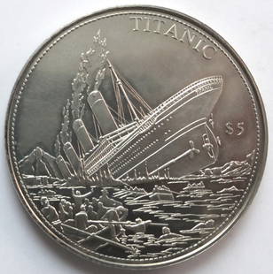 Liberia 5 dollars, 2000 RMS Titanic: IssuerLiberia PeriodRepublic (1847-date)TypeNon-circulating coinYear2000Value5 Dollars5 LRD = SEK 0.28CurrencyDollar (1943-date)CompositionCopper-nickelWeight27.33 gDiameter40.2 mmShapeRoundTechniqueM