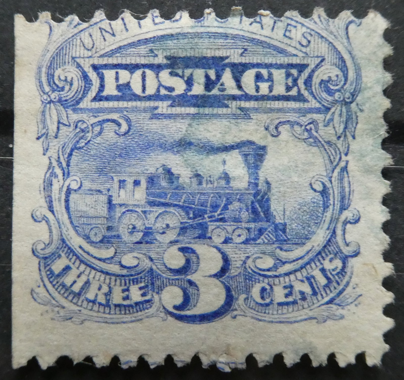 1869 pictorial issue - grilled 3 cent Locomotive unused: Sometimes said to be the first commemorative stamps (other times said to be the precursors to the commemoratives leaving the distinction of "first" to the 1893 Columbians) the 1869 Pictorials were the