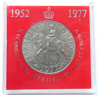 1977 Elizabeth II Jubilee Silver Proof Crown (28.28g): IssuerUnited Kingdom (United Kingdom, British Overseas Territories and Crown Dependencies) QueenElizabeth II (1952-2022)TypeNon-circulating coinYear1977Value25 Pence0.25 GBP = SEK 3.35CurrencyPound st