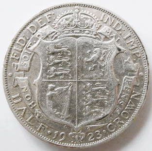 UK 1923 George V Half-Crown Silver Coin: CountryUnited KingdomPeriodKing George V (1910 - 1936)Coin typeCirculation coinsDenomination½ crownYear1923RulerGeorge VCompositionSilver 0.500Edge typeReededShapeRoundAlignmentMedal