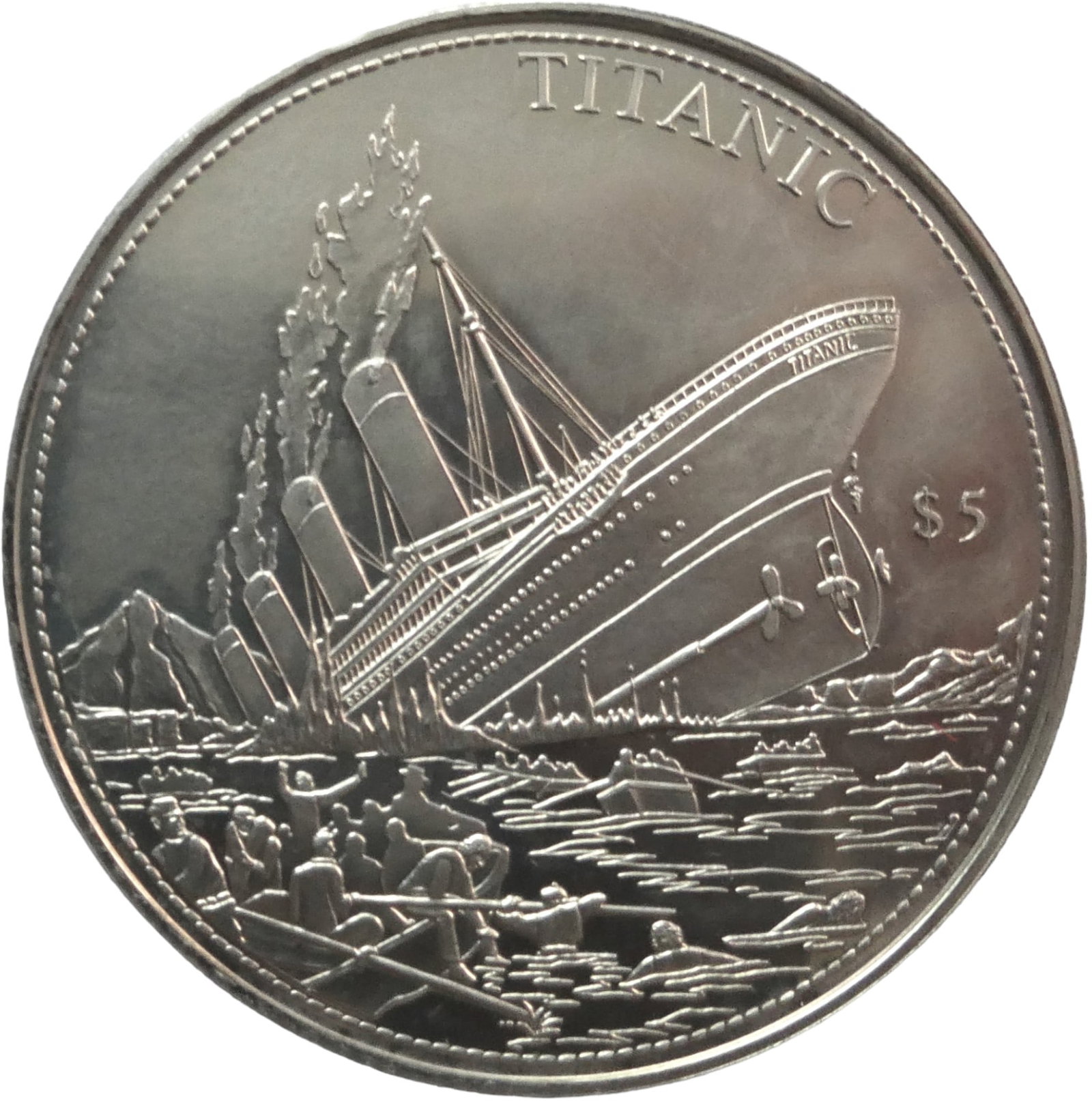 Liberia 5 dollars, 2000 RMS Titanic Proff: IssuerLiberia PeriodRepublic (1847-date)TypeNon-circulating coinYear2000Value5 Dollars5 LRD = SEK 0.28CurrencyDollar (1943-date)CompositionCopper-nickelWeight27.33 gDiameter40.2 mmShapeRoundTechniqueM