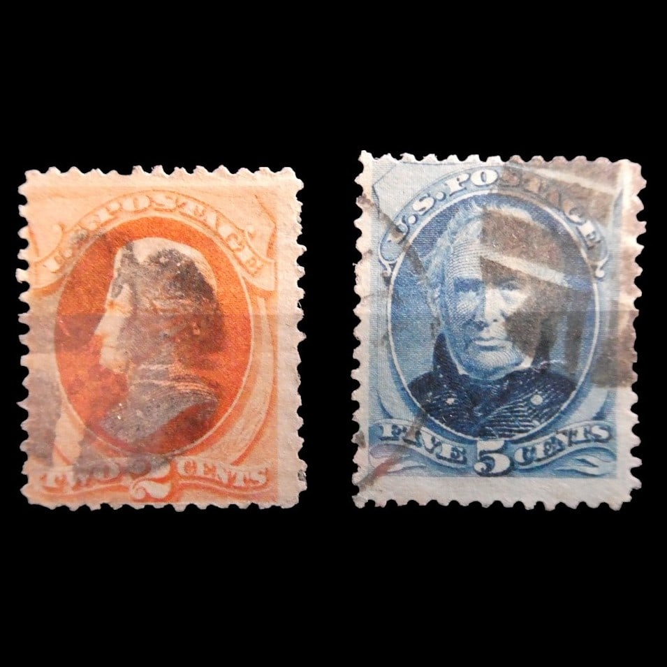 US stamp 1875 new color - new value 2 cent and 5 cent: 5 cent Taylor - blue2 centJackson - vermilion1875 new color - new valueIn 1875 two new stamps were issued. The 2 cent Jackson from the 1873 series was reissued with the color changed from brown to ver
