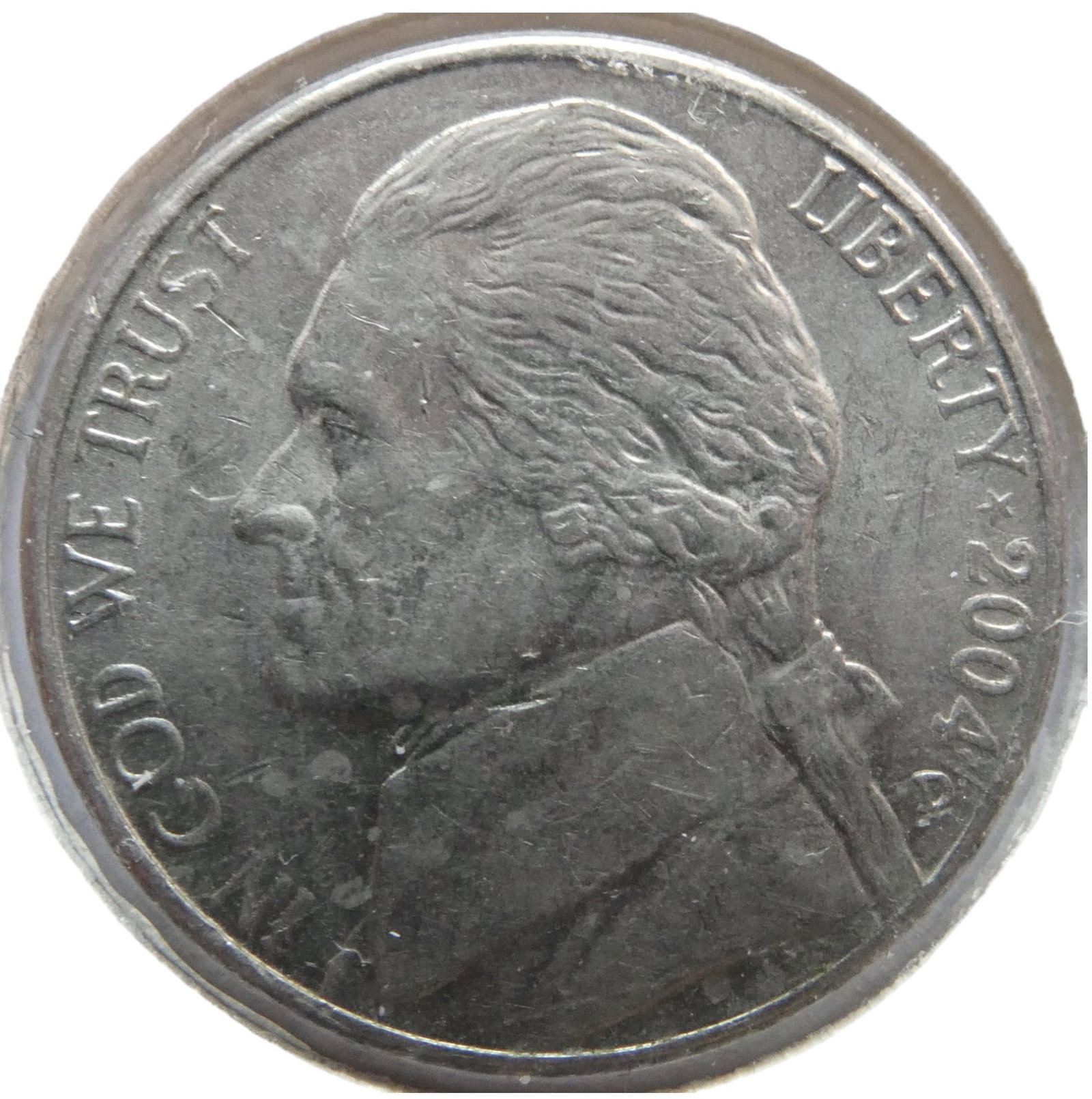 2004-D Jefferson nickel: modern Jefferson Nickel, it weighs 5 grams (0.176 ounces). It has a diameter 21.21 millimeters and it's composed of 75% copper and 25% nickel.