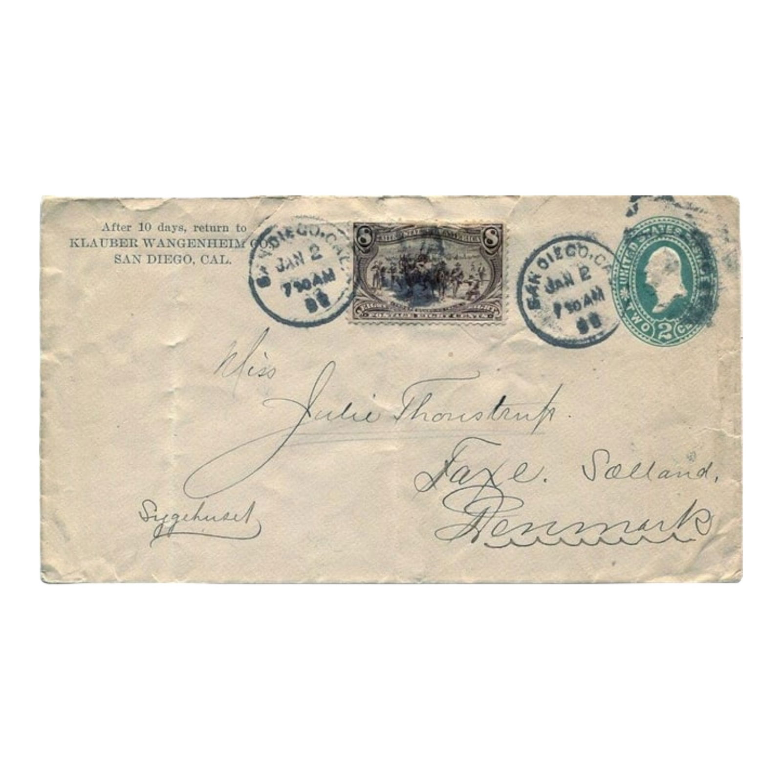 USA Trans-Mississippi 8c on 2c cover to Denmark, San Diego 2 Jan 1899, fold (1 of 2)