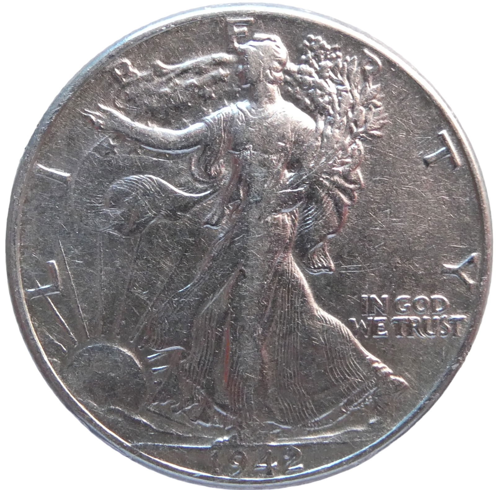 USA Half Dollar "Walking Liberty Half Dollar" 1944 Silver coin: IssuerUnited States PeriodFederal republic (1776-date)TypeStandard circulation coinYears1916-1947Value½ Dollar = 50 Cents½ USD = SEK 5.25CurrencyDollar (1785-date)CompositionSilver (.900