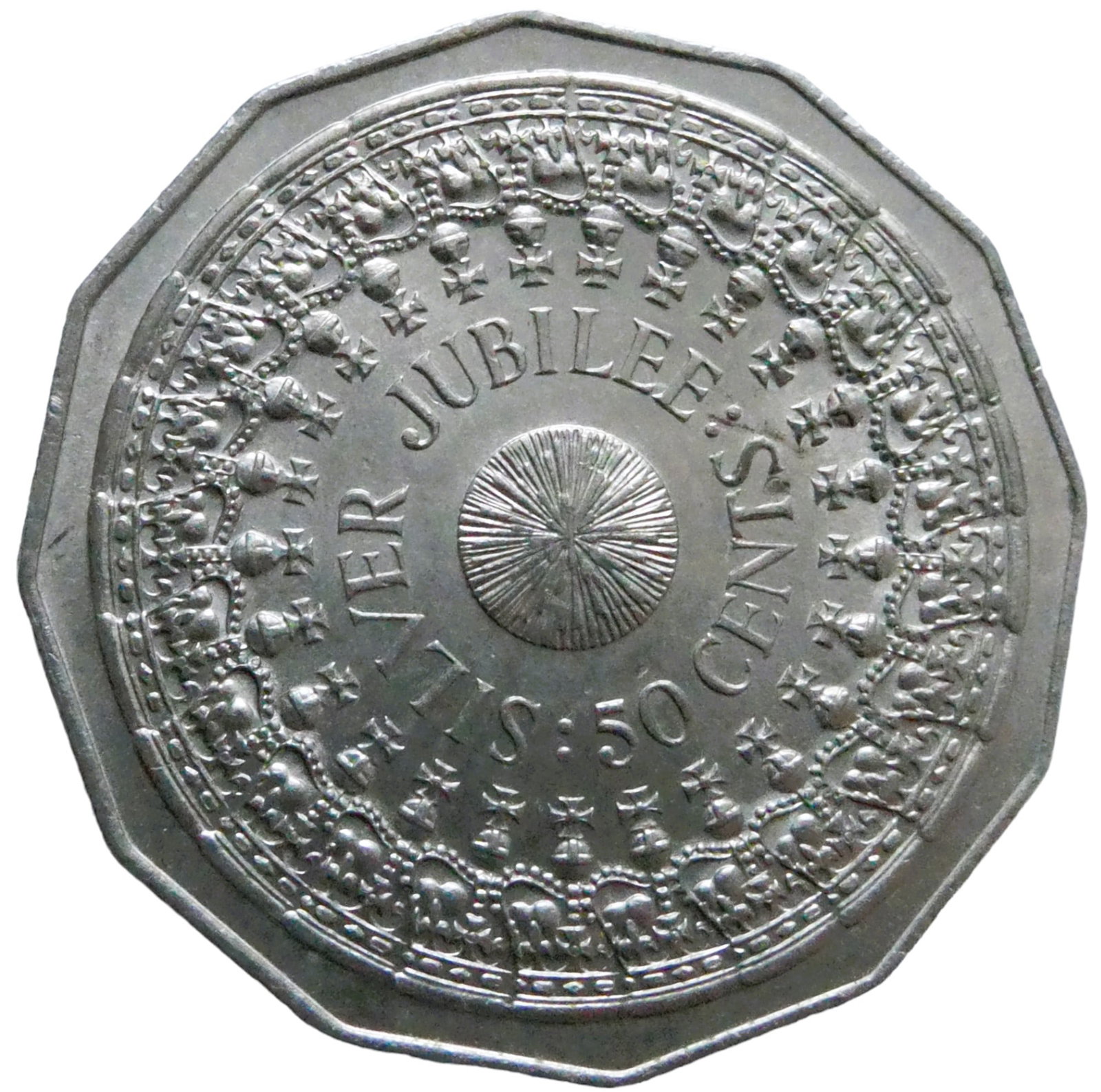 Australia 50 Cents - Elizabeth II 2nd Portrait - 1977 Silver Jubilee: IssuerAustralia QueenElizabeth II (1952-2022)TypeCirculating commemorative coinYear1977Value50 Cents0.50 AUD = SEK 3.43CurrencyDollar (1966-date)CompositionCopper-nickel (75% Copper, 25% Nickel)Weight