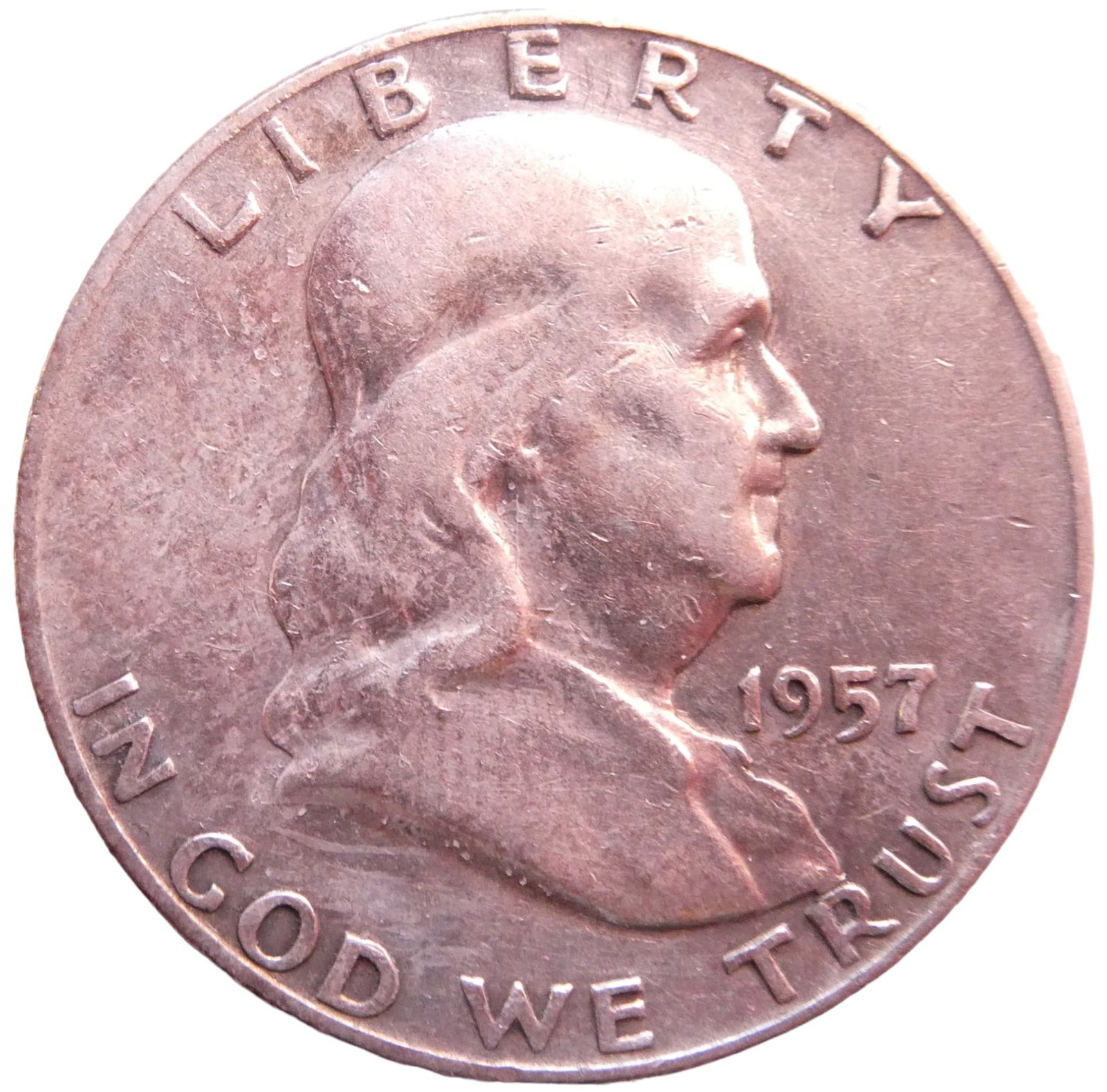 United States "Franklin Half Dollar" 1957-D Silver coin: IssuerUnited States PeriodFederal republic (1776-date)TypeStandard circulation coinYears1948-1963Value½ Dollar = 50 Cents½ USD = SEK 5.25CurrencyDollar (1785-date)CompositionSilver (.900