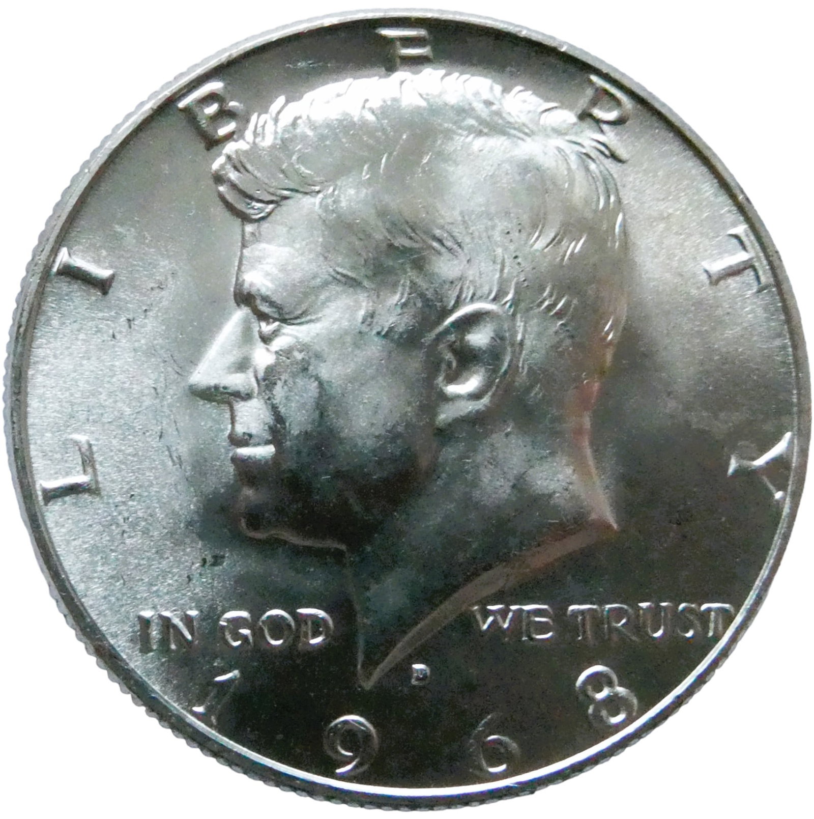 United States Half Dollar "Kennedy Half Dollar" 1968-D Silver coin: IssuerUnited States PeriodFederal republic (1776-date)TypeStandard circulation coinYears1965-1970Value½ Dollar = 50 Cents½ USD = SEK 5.11CurrencyDollar (1785-date)CompositionBillon (.400