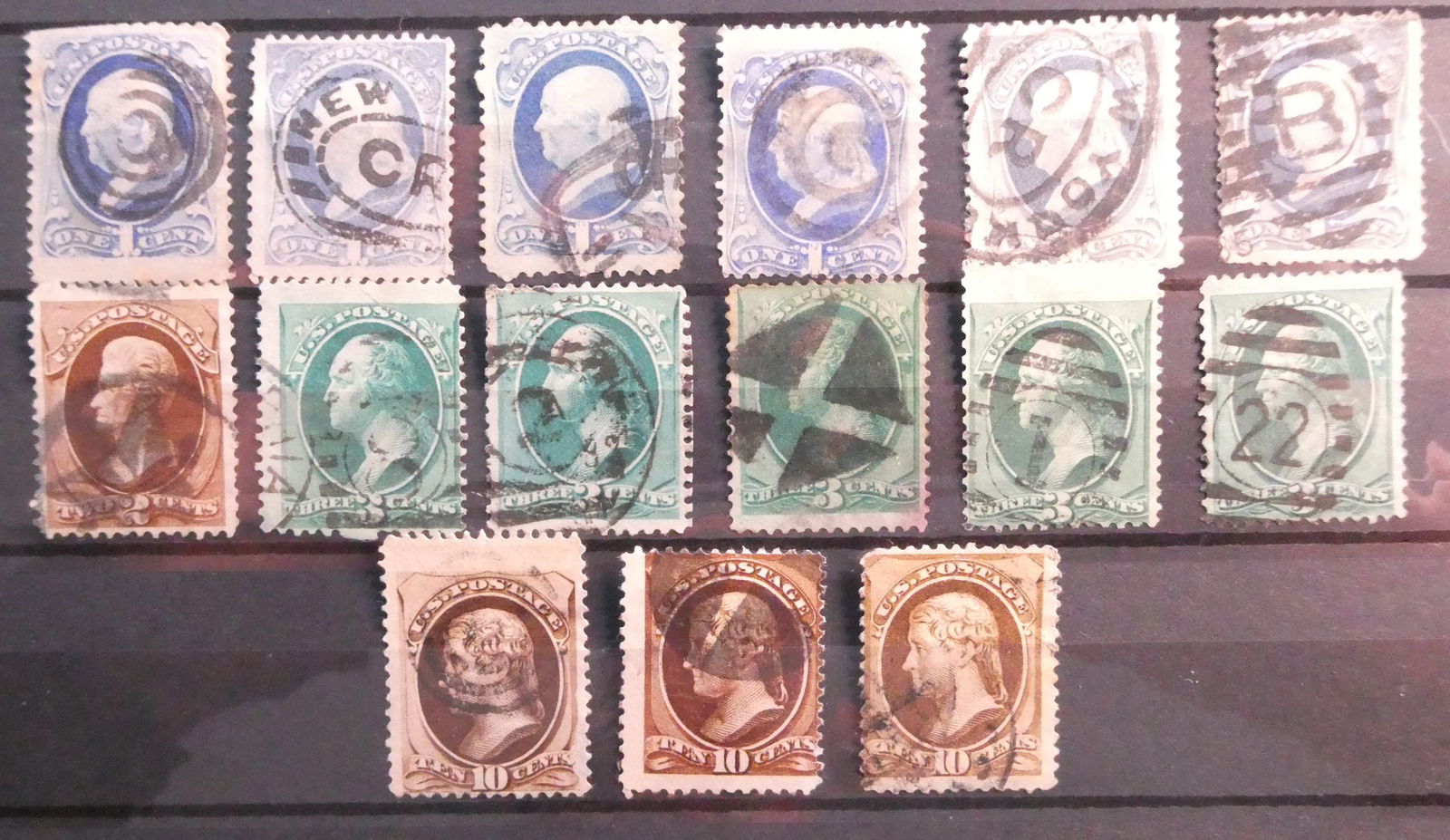 US stamp 1879-87 american banknote 1, 2, 3, 10 cent (1 of 3)