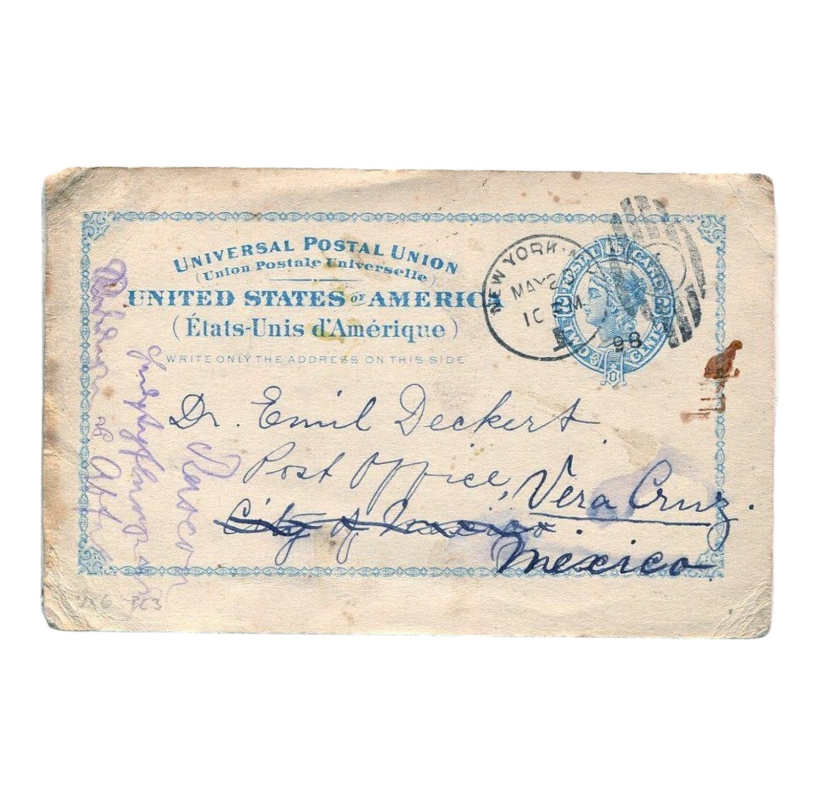 USA 2c blue, Liberty postal card, big size to Mexico, New York 20 May 1898: USA 2c blue, Liberty postal card, big size to Mexico, New York 20 May 1898