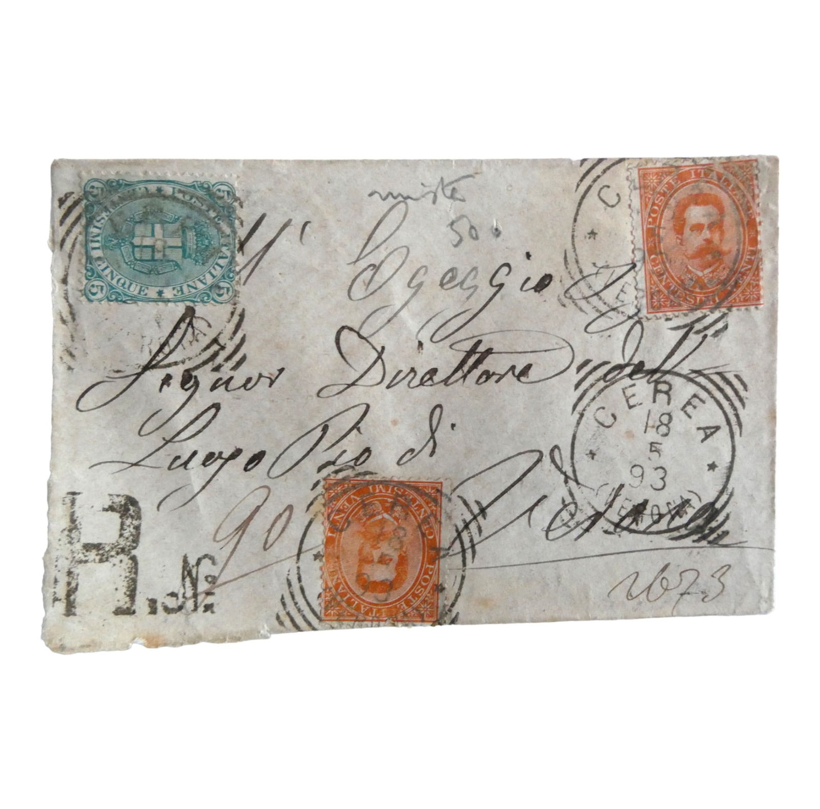 Italy letter sent Cerea 18 May 1893 stamp 1879 - Umberto I, 20 cents orange 5c, dark green (1 of 6)