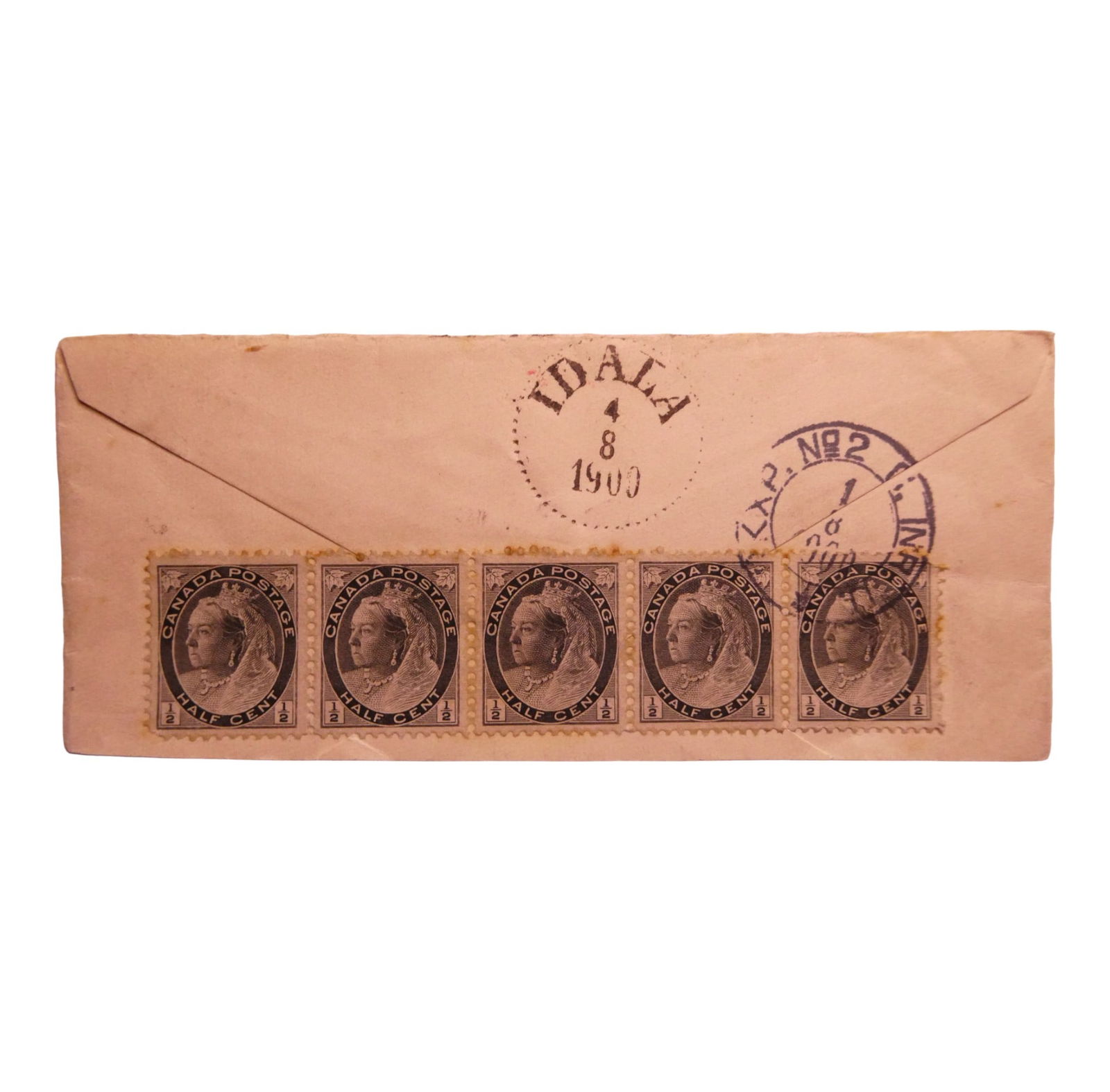 5 half-cent stamps Canada stamped Idala August 4, 1900 (1 of 4)