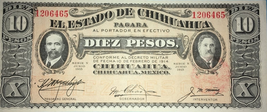 10 Pesos El Estado de Chihuahua No 1206465 1915 mint condition (1 of 2)