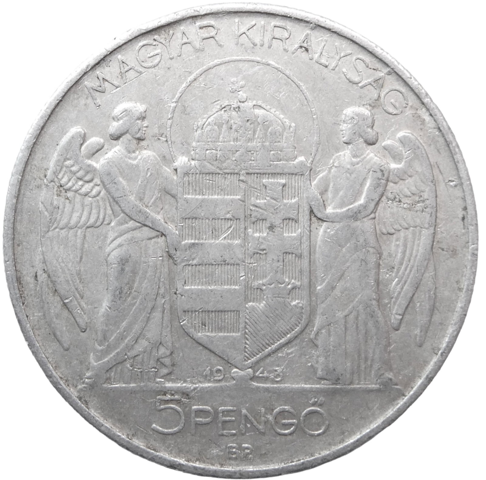 5 Pengo - Miklos Horthy Hungary 1943: IssuerHungary RegentNicolas Horthy (1920-1944)TypeCirculating commemorative coinYear1943Value5 Peng??CurrencyPeng?? (1927-1946)CompositionAluminiumWeight6.1 gDiameter36 mmThickness3.9 mmShapeRoundTech