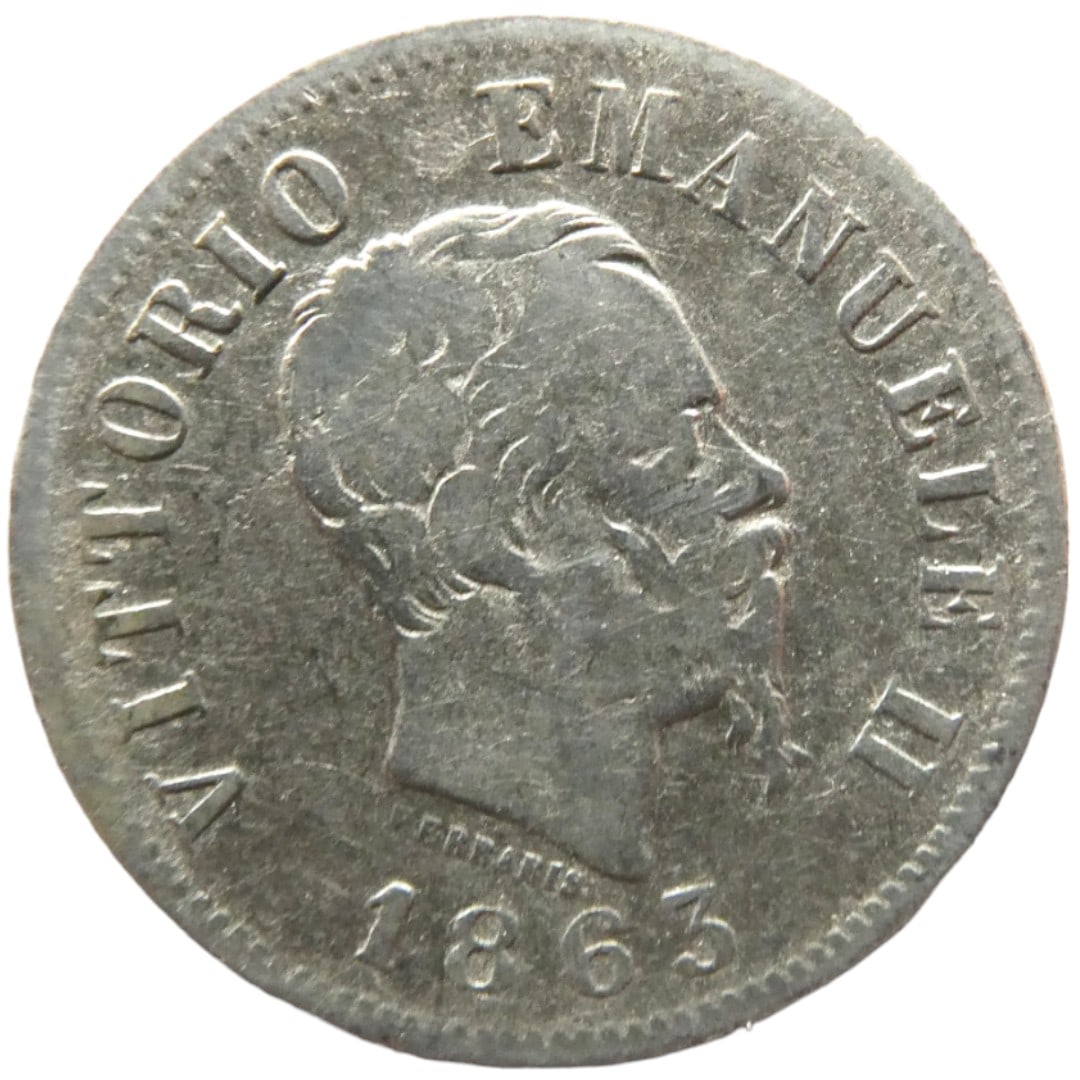 Italy 50 Centesimi - Victor Emmanuel II 1863 silver coin: Issuer ItalyKing Vittorio Emanuele II (1861-1878)Type Standard circulation coinYear 1863Value 50 Centesimi (0.50 ITL)Currency Lira (1861-2001)Composition Silver (.835)Weight 2.5 gDiameter 18 mmShape R