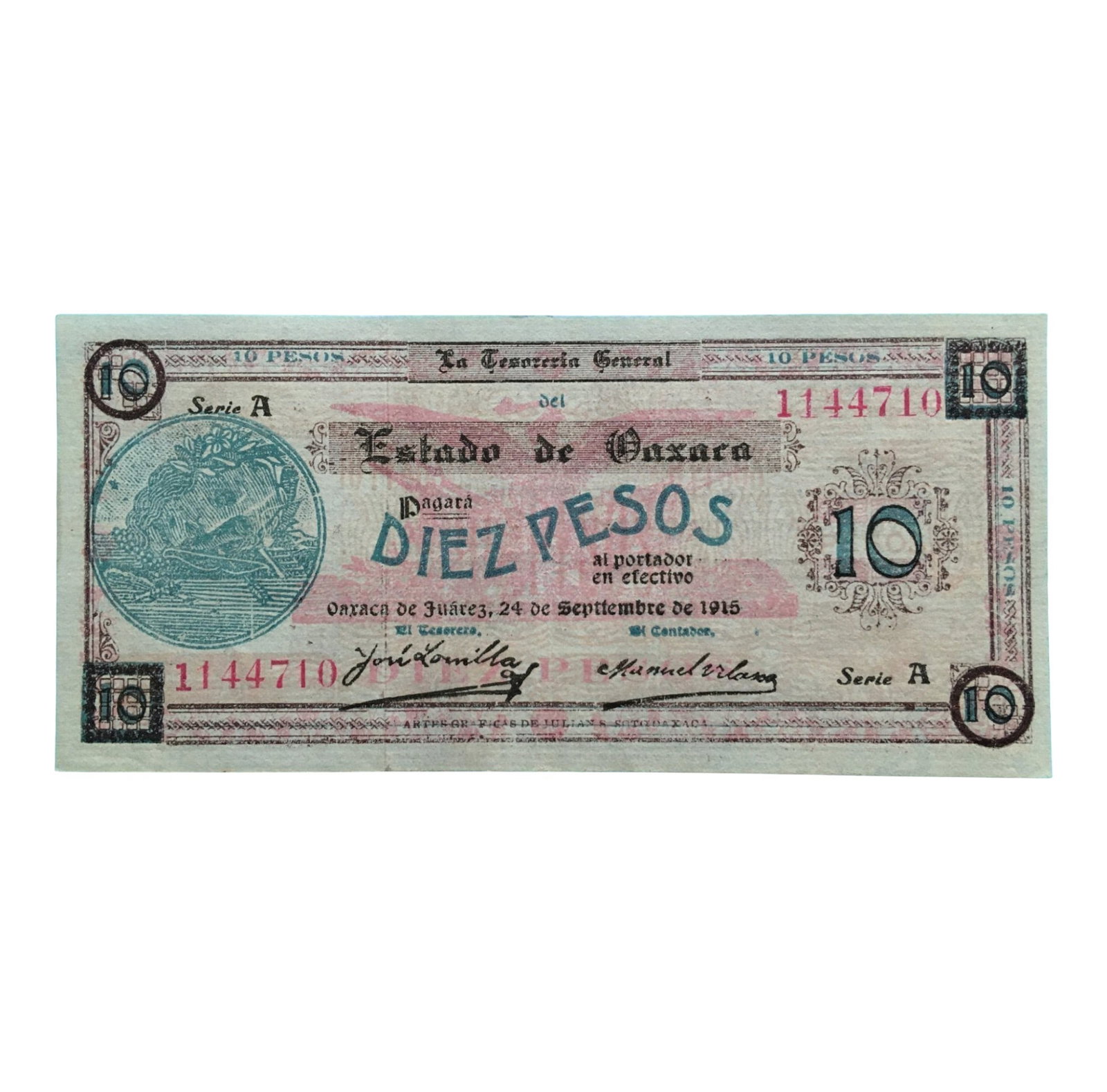 Mexico:10 Pesos Estado de Oaxaca de Juarez No 1144710 1915 mint condition: IssuerState of Oaxaca TypeLocal banknoteYears1915-1916Value10 PesosCurrencyPeso (1915-1916)CompositionPaperSize155 ? 70 mmShapeRectangularDemonetizedYes