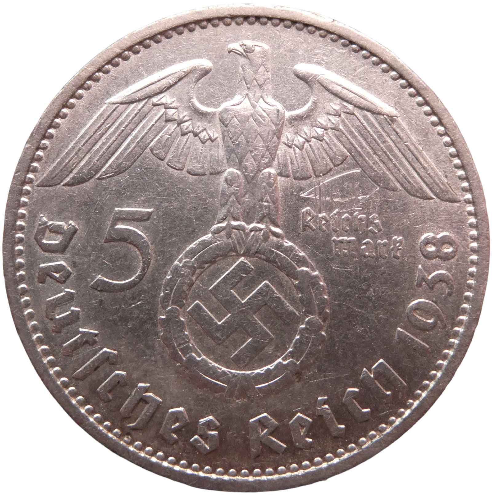 5 Reichsmark Paul von Hindenburg 1938 Silver coin: CountryGermany - Third ReichDenomination5 reichsmarkYear1937PeriodNazi Germany (Third Reich) (1933 - 1945)Coin typeCirculation coinsCompositionSilver 0.900Edge typeLetteredEdge description'GEMEINNUTZ 