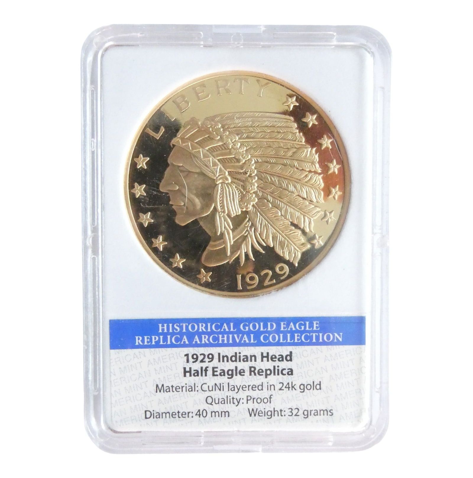 1929 Indian Head Gold Eagle Replica Platinum Accented Archival Collection Filler coin (1 of 2)