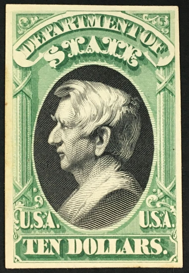 1873 $10 Official Mail Stamp, State, green & black # O70P4 - 1873 $10 PROOF ON CARD: 1873 $10 Official Mail Stamp, State, green & black# O70P4 - 1873 $10 Official Mail Stamp - State, green & black
