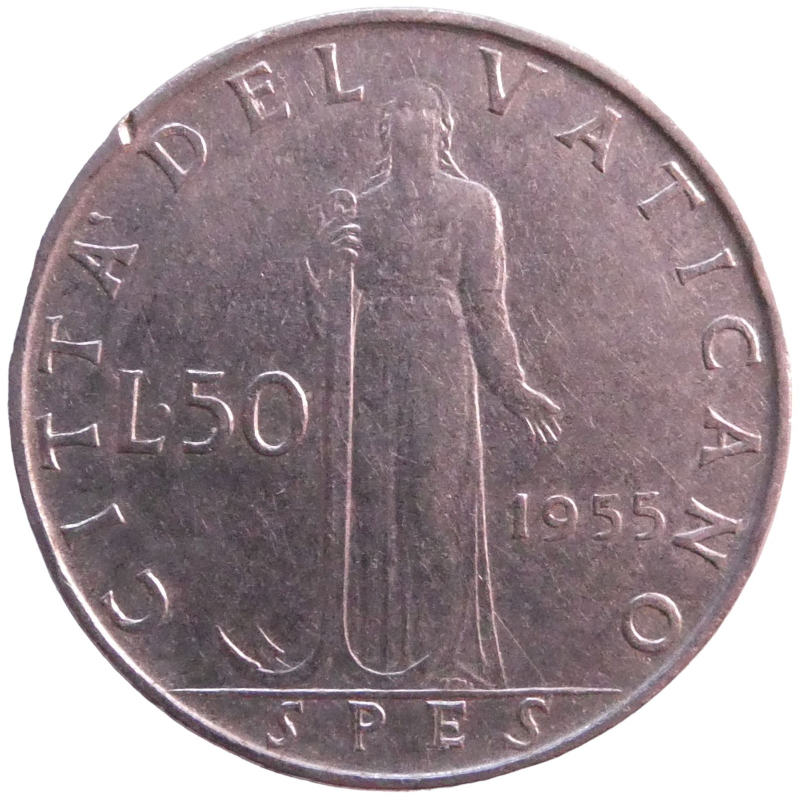 Pope Pius XII Vatican City 50 lire, 1955: CountryVatican CityPeriodPope Pius XII (1939 - 1958)Coin typeCirculation coinsDenomination50 lireYear1955-1958RulerPius XIICompositionStainless SteelEdge typeReededShapeRoundAlignmentCoin (180?)Weight