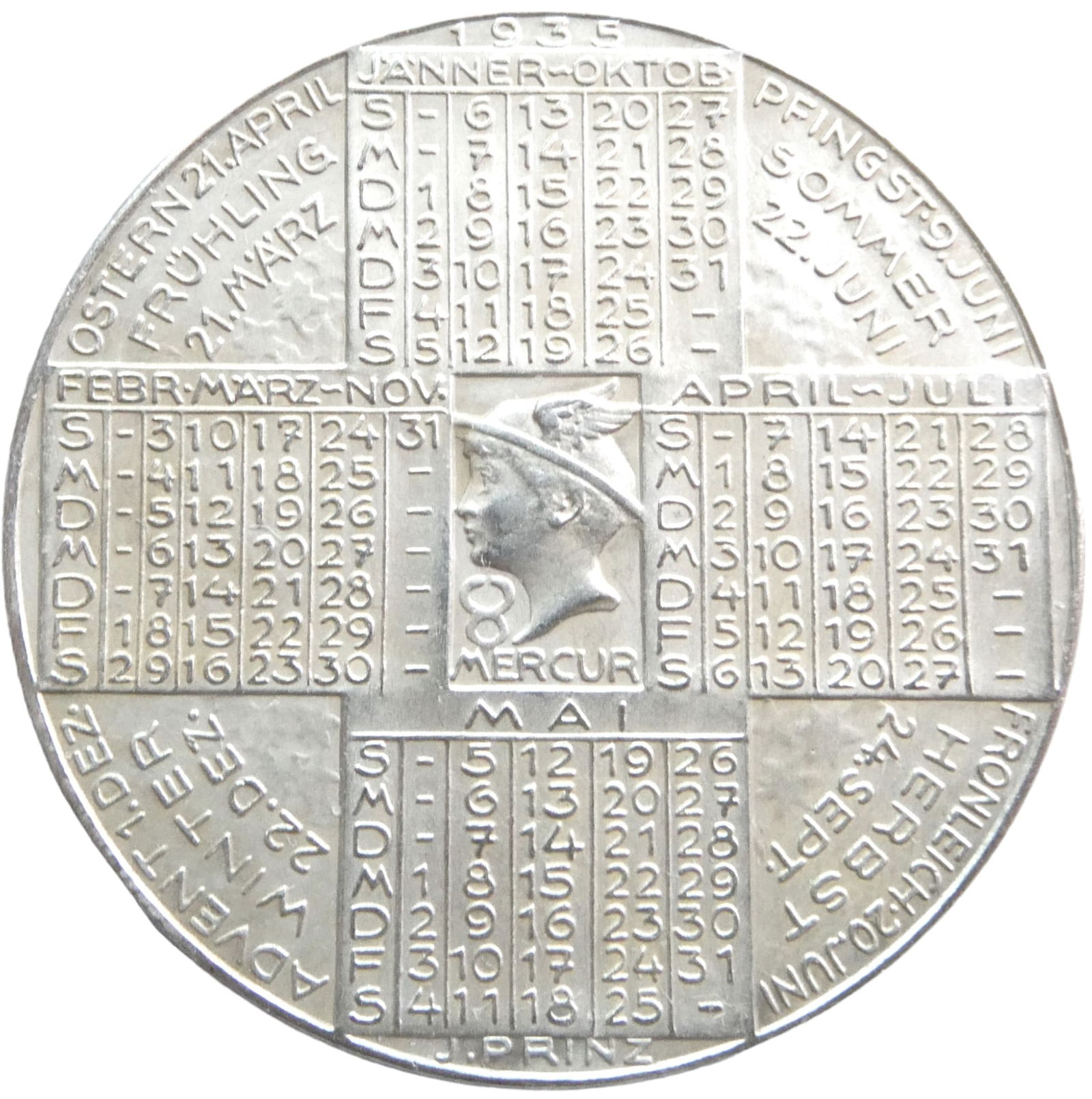 AUSTRIA 1935 VIENNA CALENDAR SILVER MEDAL ZODIAC ROMAN GOD MERCURY J PRINZ (1 of 2)
