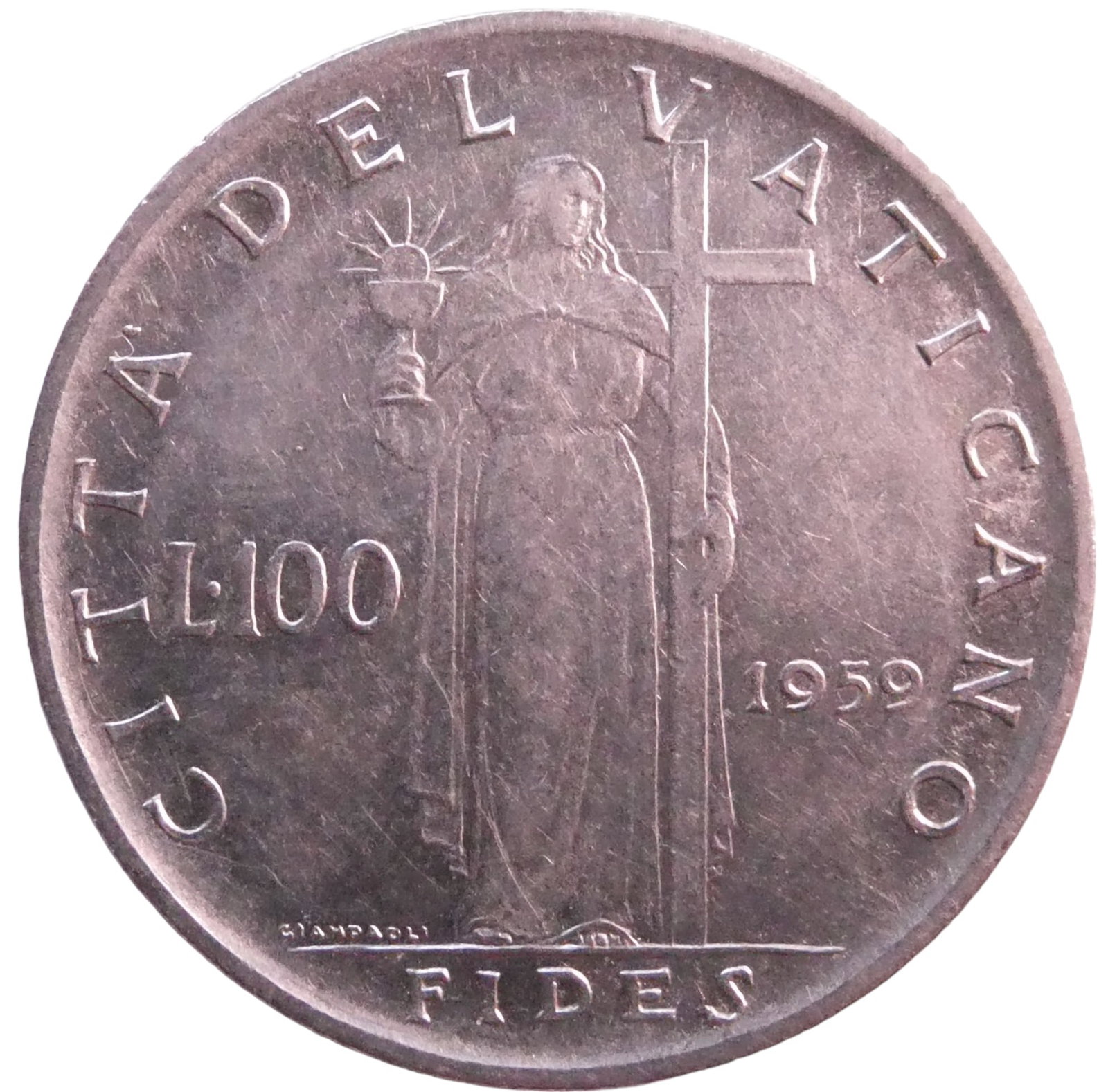 Vatican City 100 Lire - Ioannes XXIII 1959: IssuerVatican City PopeJohn XXIII (Ioannes XXIII) (1958-1963)TypeStandard circulation coinYears1959-1962Value100 Lire (100 VAL)CurrencyLira (1929-2001)CompositionAcmonitalWeight8 gDiameter27.75 mmThic