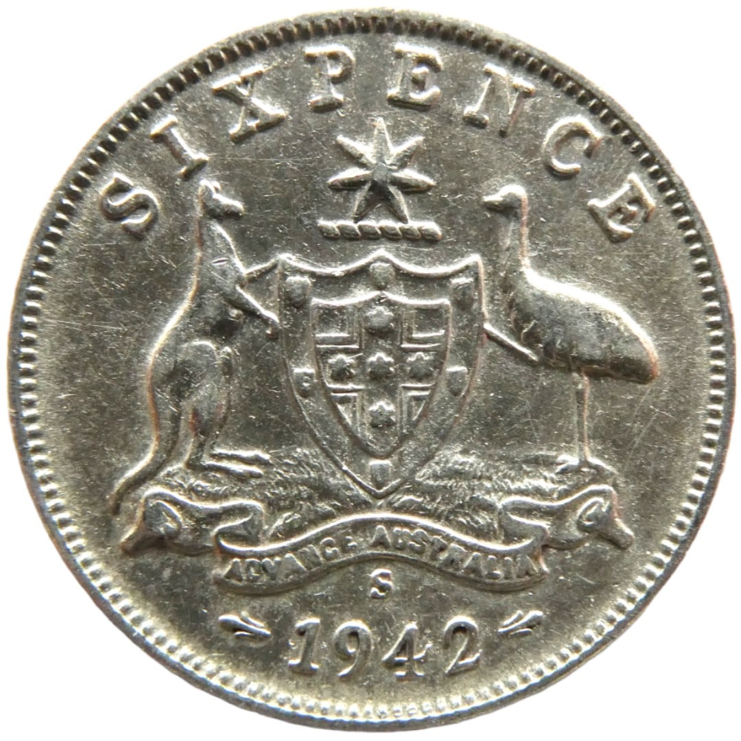 United Kingdom 6 Pence - George V 1942-S Silver coin: Issuer AustraliaKing George VI (1936-1952)Type Standard circulation coinYears 1938-1945Value 6 PenceCurrency Pound (1788-1966)Composition Silver (.925)Weight 2.83 gDiameter 19 mmThickness 1.29 mmShape