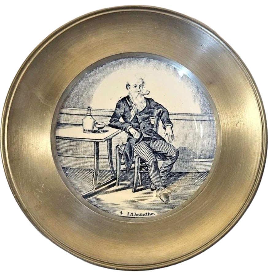 Wall plate dish Royal Delft porcelain with pewter frame, known motif l`Absinthe (1 of 3)