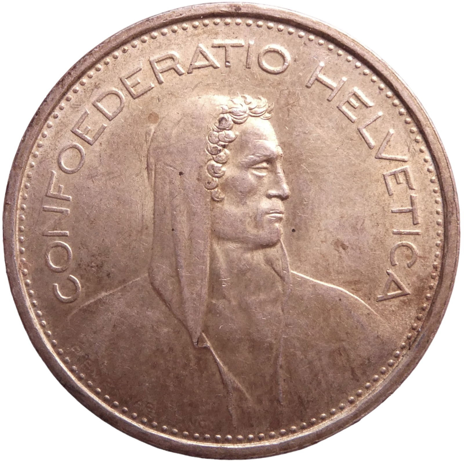 Helvetica 5 Francs Herdsman 1966-B silver coin: IssuerSwitzerland PeriodFederal State (1848-date)TypeStandard circulation coinYears1931-1969Value5 Francs (5 CHF)CurrencyFranc (1850-date)CompositionSilver (.835) (16.5% copper)Weight15 gDiameter31.45
