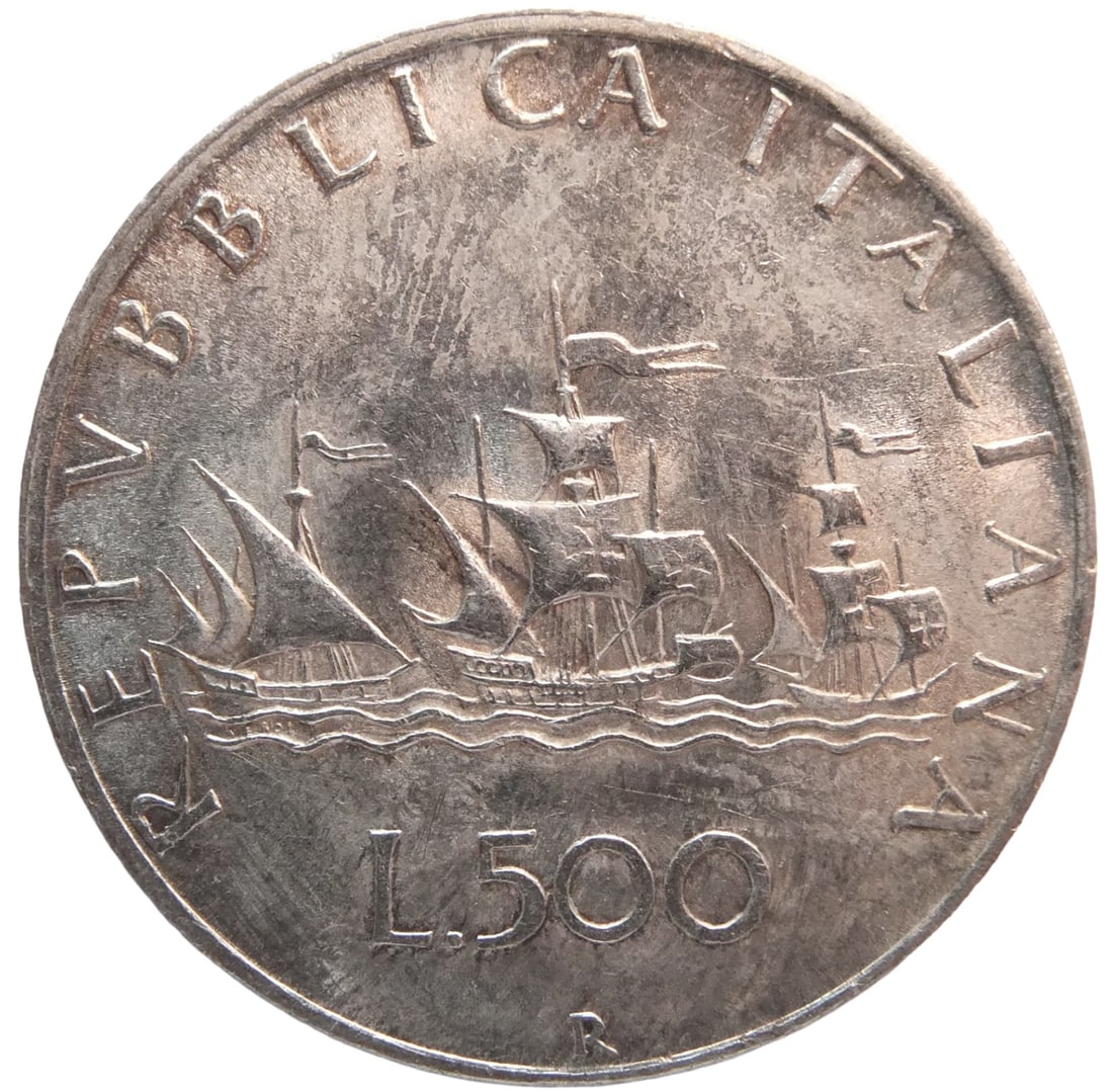 Italian 500 Lire 1958 "Caravel in Columbus" Silver coin: Nina (Caravel in Columbus' voyage to the West Indies)Pinta (Caravel in Columbus' voyage to the West Indies)Santa Mar?a (Carrack in Columbus' voyage to the West Indies)IssuerItaly PeriodRepublic (1946-