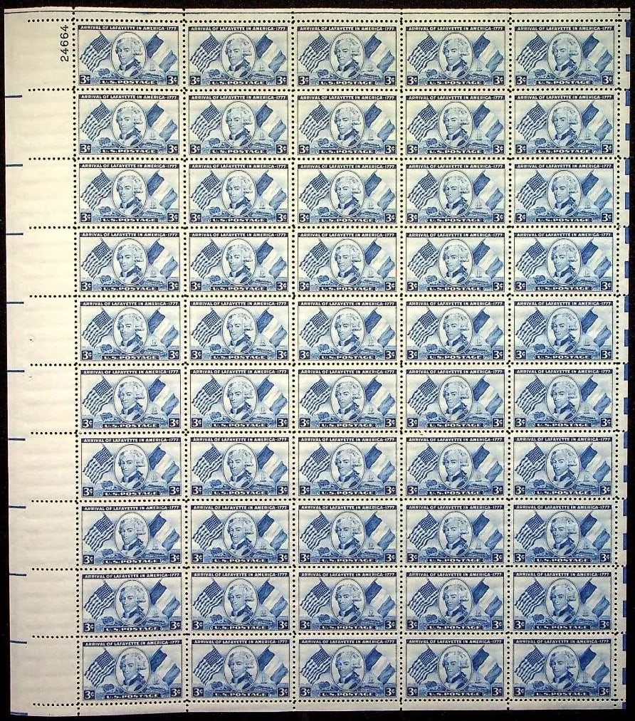 US 1952 Full Sheet 3c Bright Blue Marquis de Lafayette Flags Sc #1010- MNH (1 of 2)